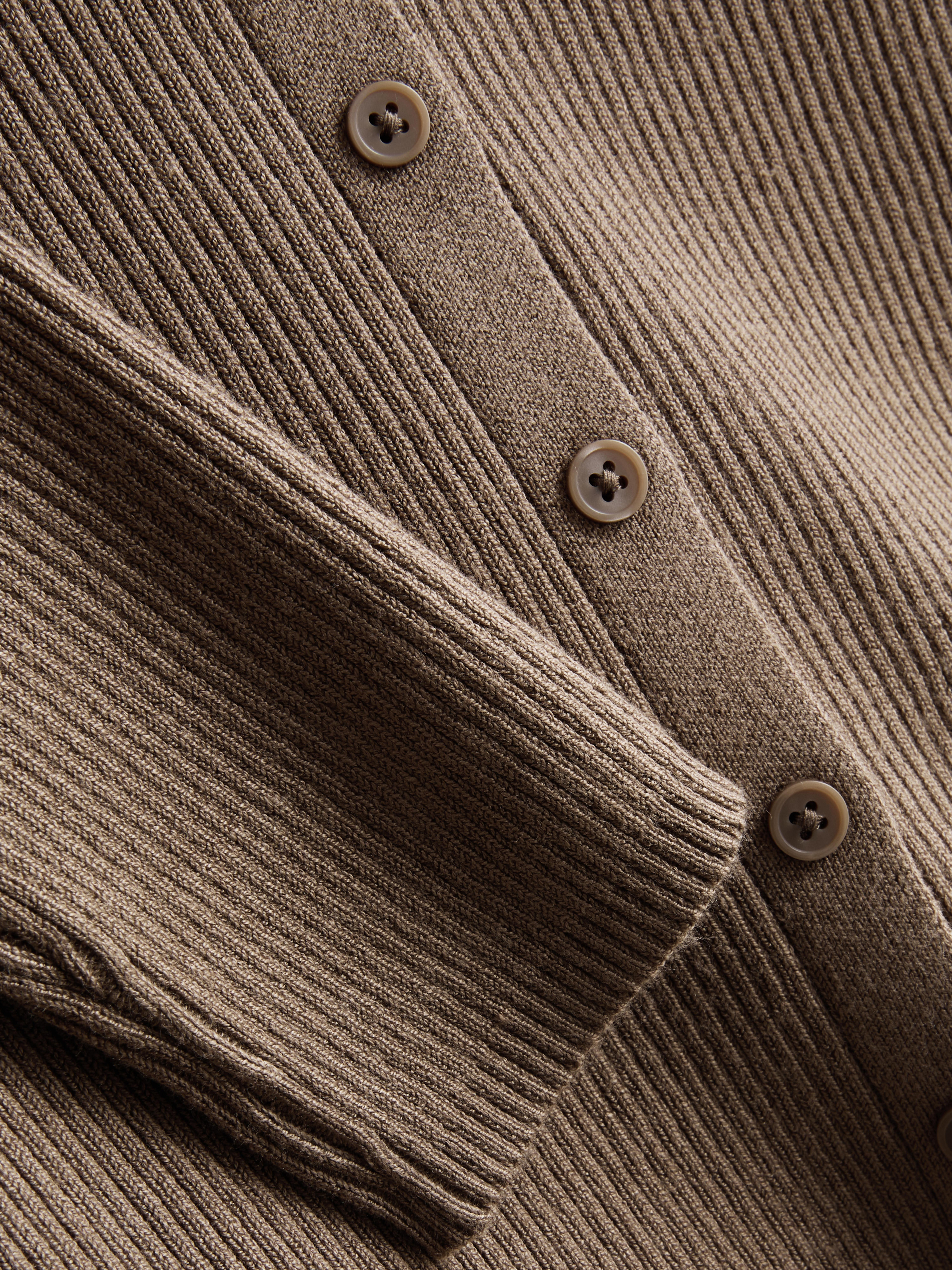 Ribbed Round Neck Cardigan - Brown