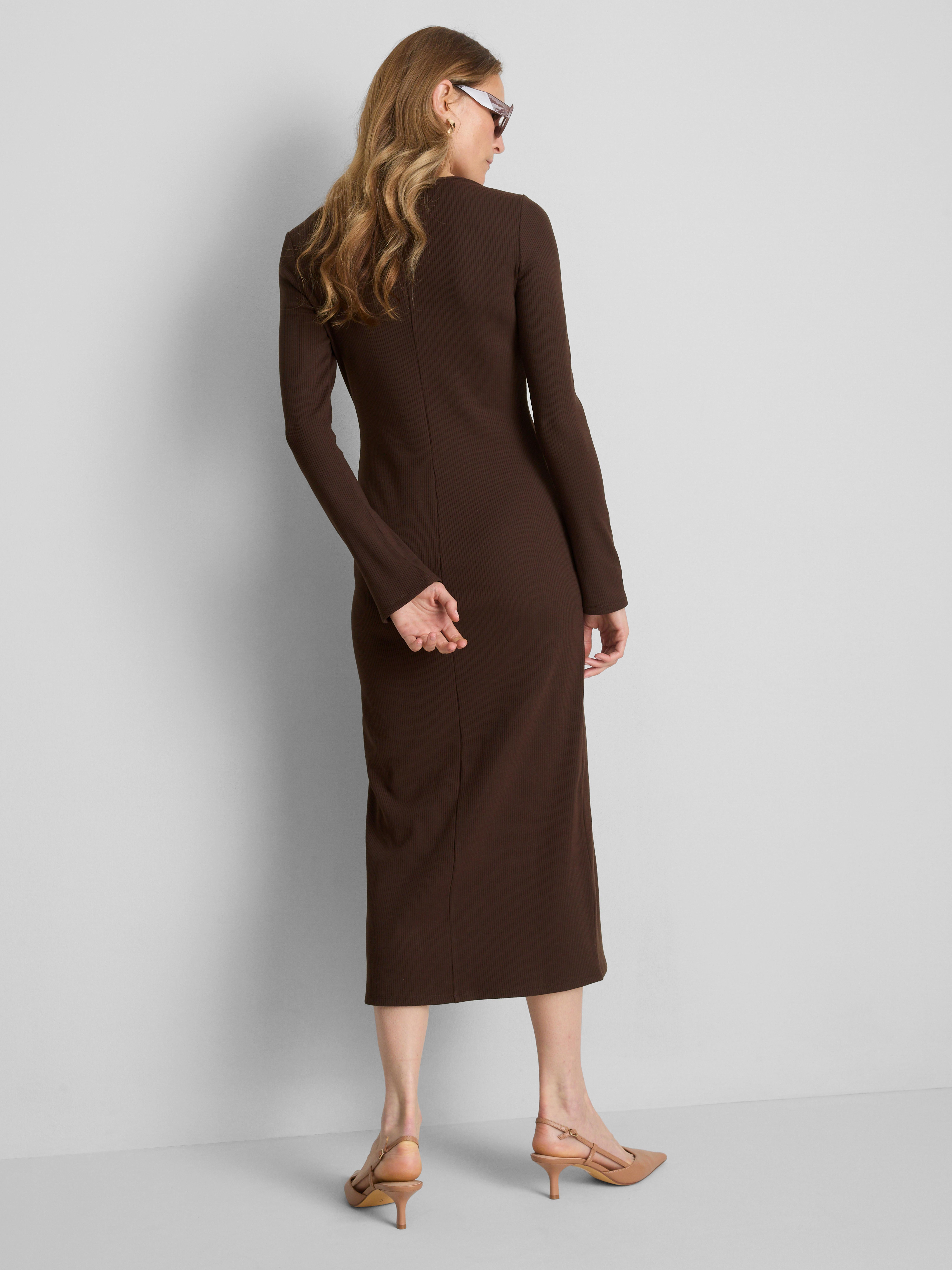 Ribbed Button-Detail Midi Dress - Chocolate