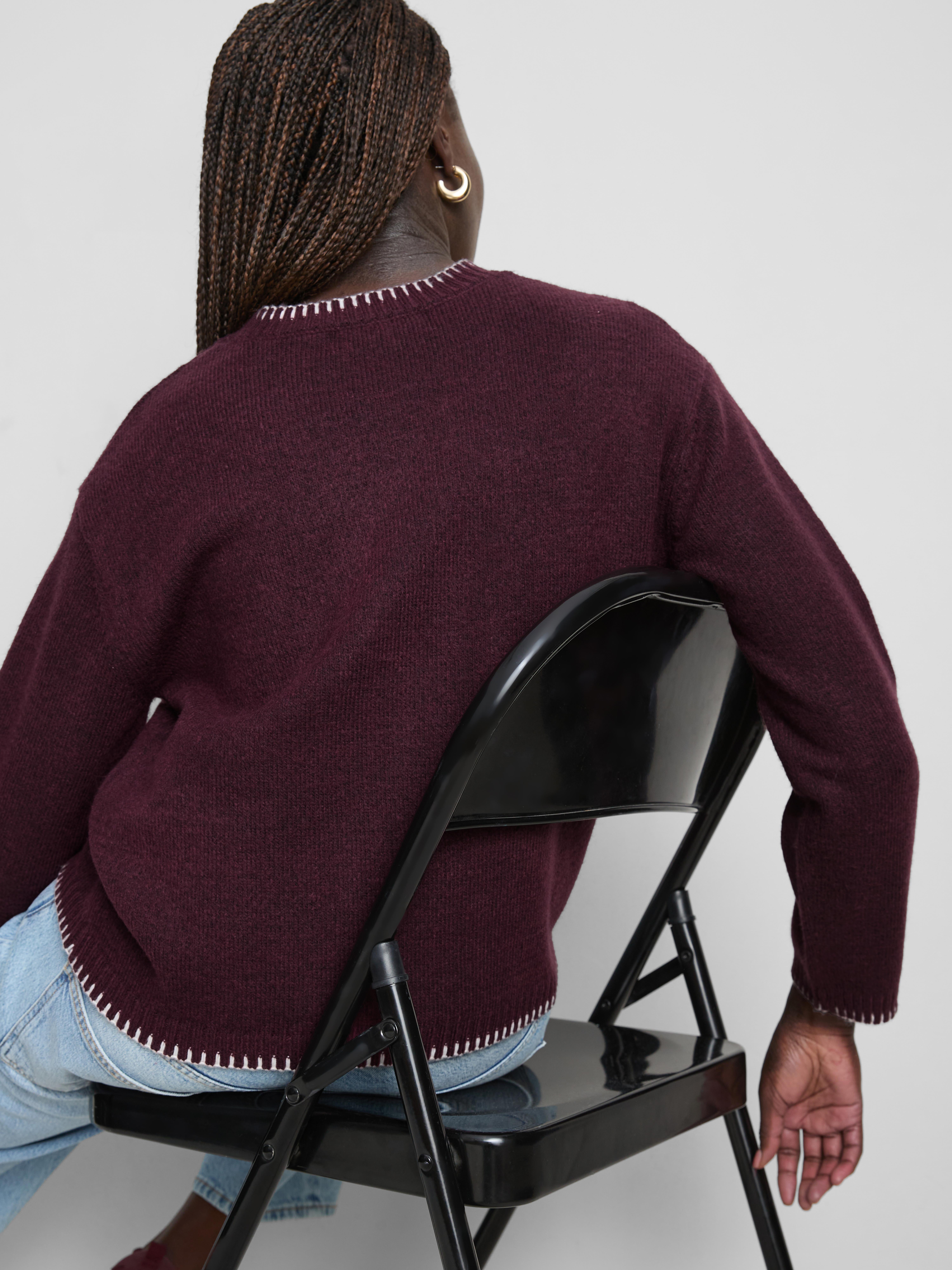 Knitted Stitch-Detail Crewneck Sweater - Burgundy
