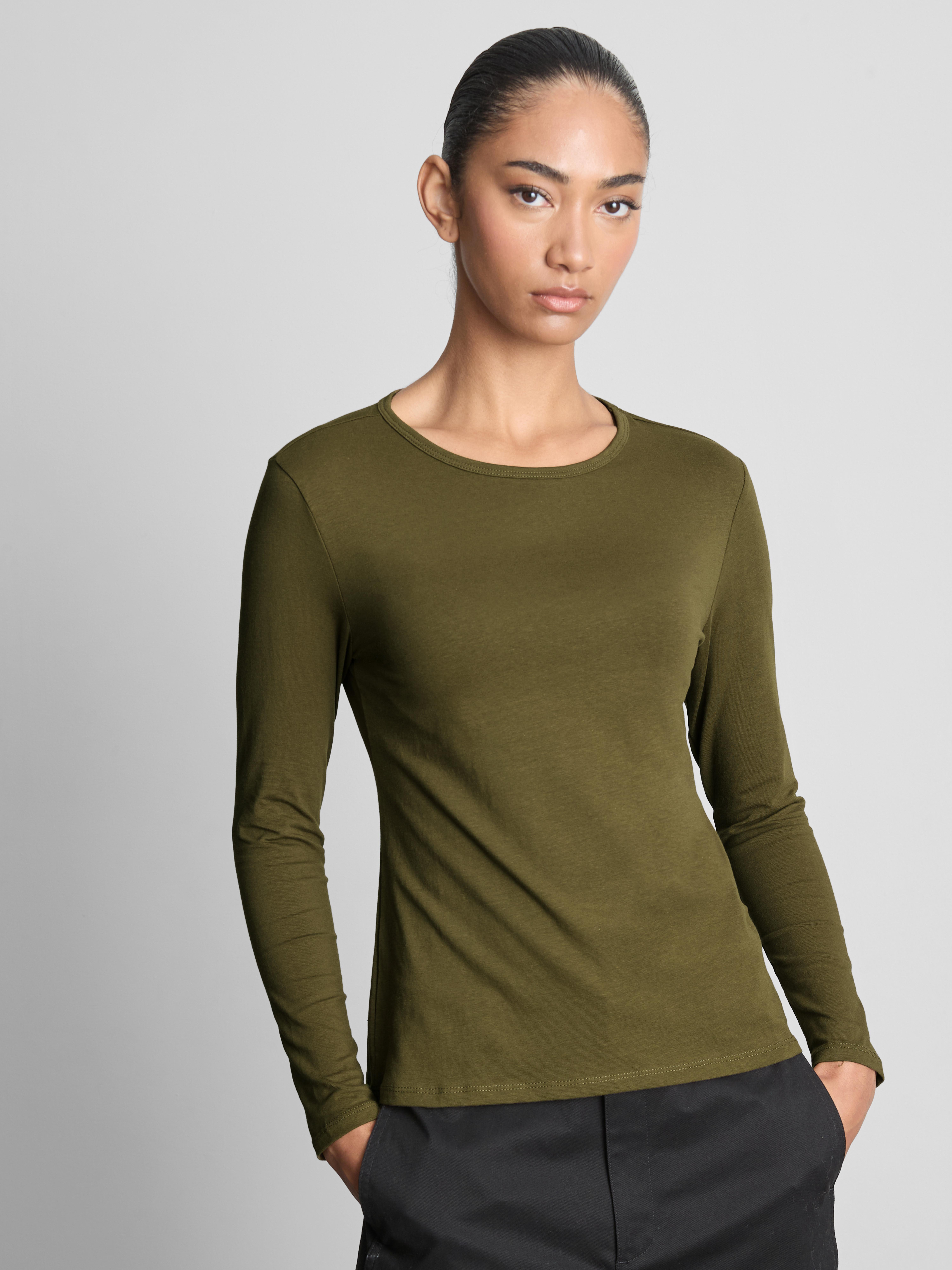 Cotton-Rich Stretch Long-Sleeve Crewneck Top - Olive