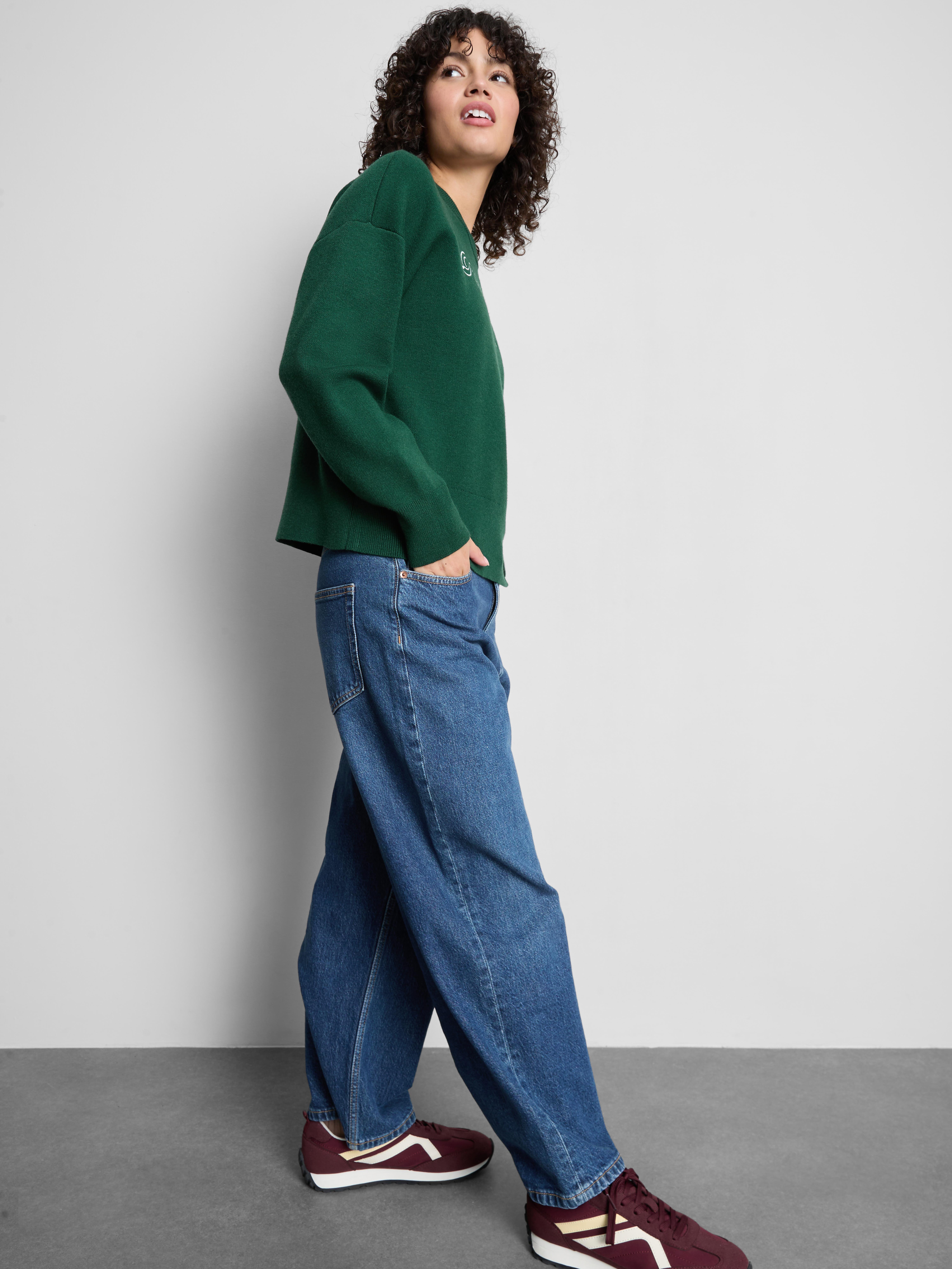 Knitted Crewneck Slogan Sweater - Green