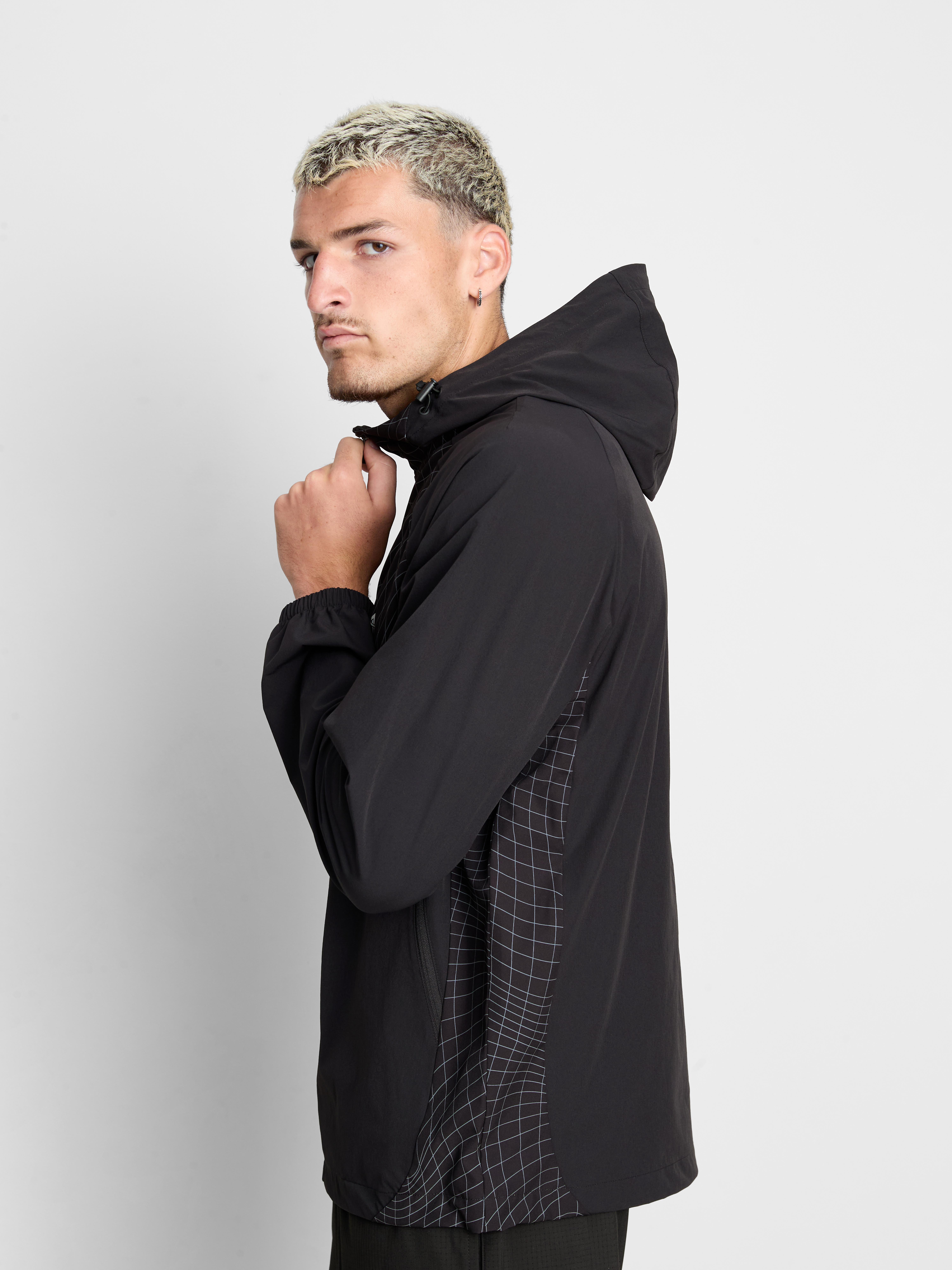 Grid Panel Zip-Up Hooded Jacket - Black
