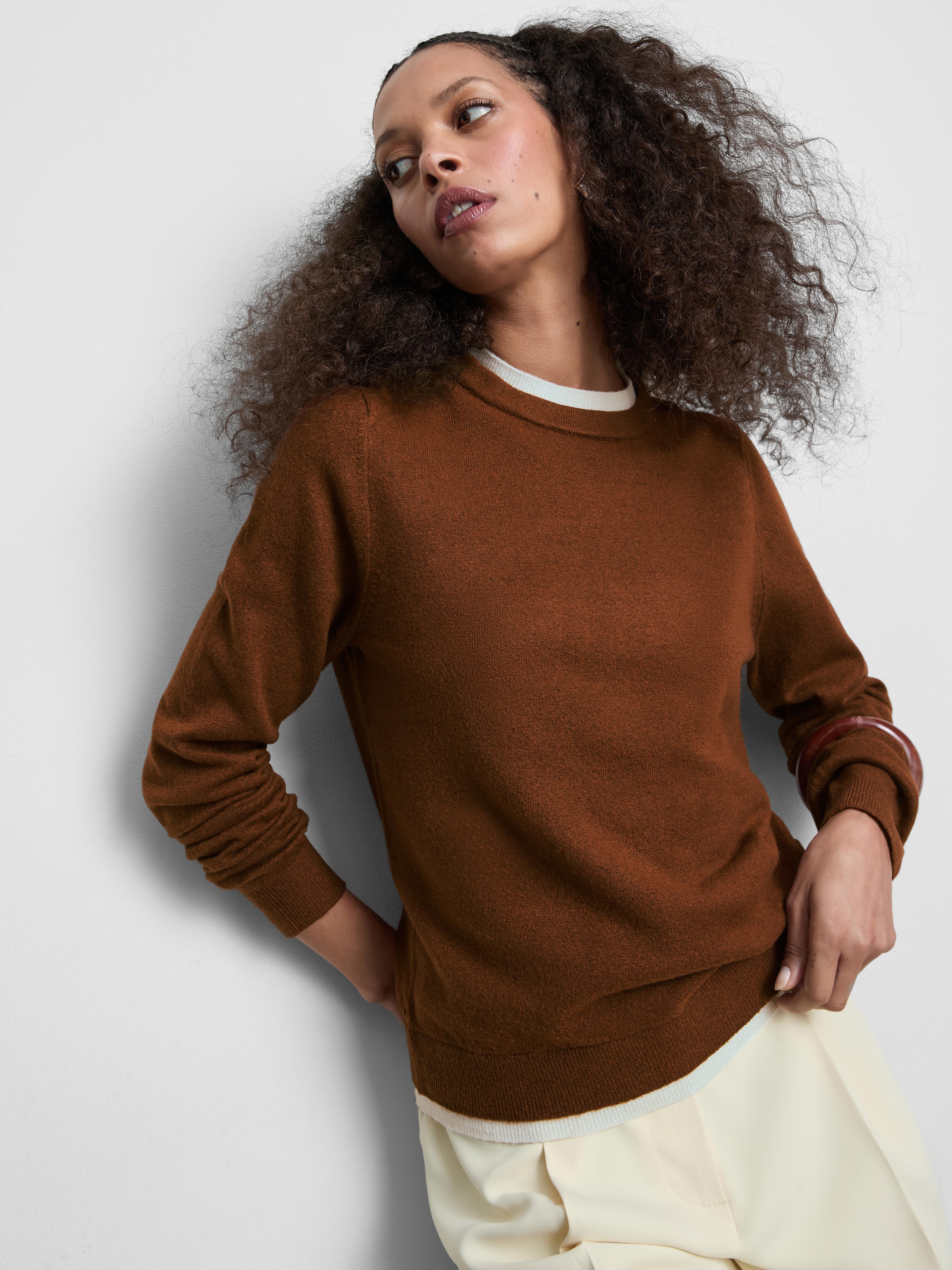 Knitted Double Layer Crew Neck Sweater - Caramel