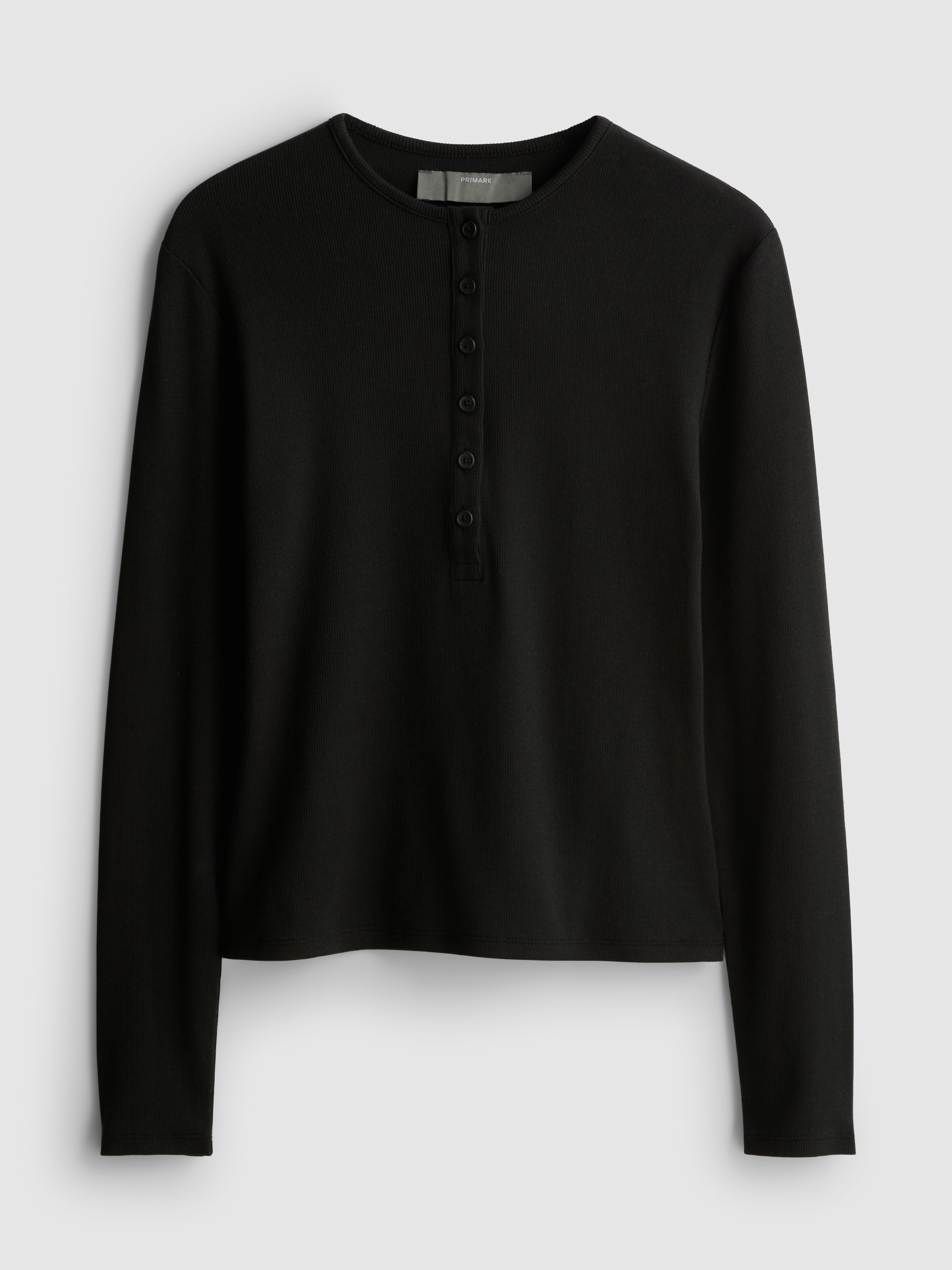 Ribbed Long Sleeve Henley Top - Black