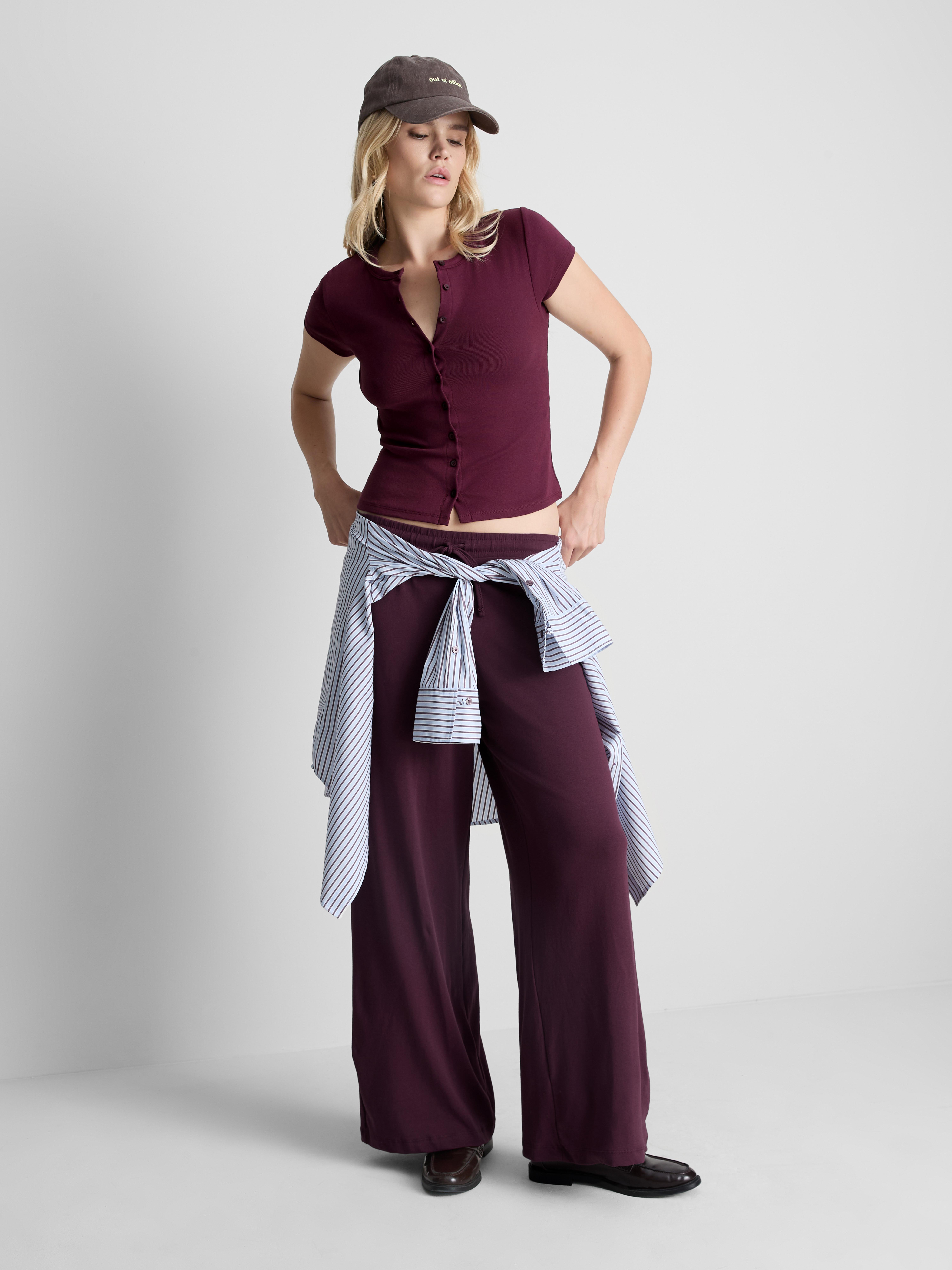 Cotton Rich Button-Up T-Shirt - Burgundy