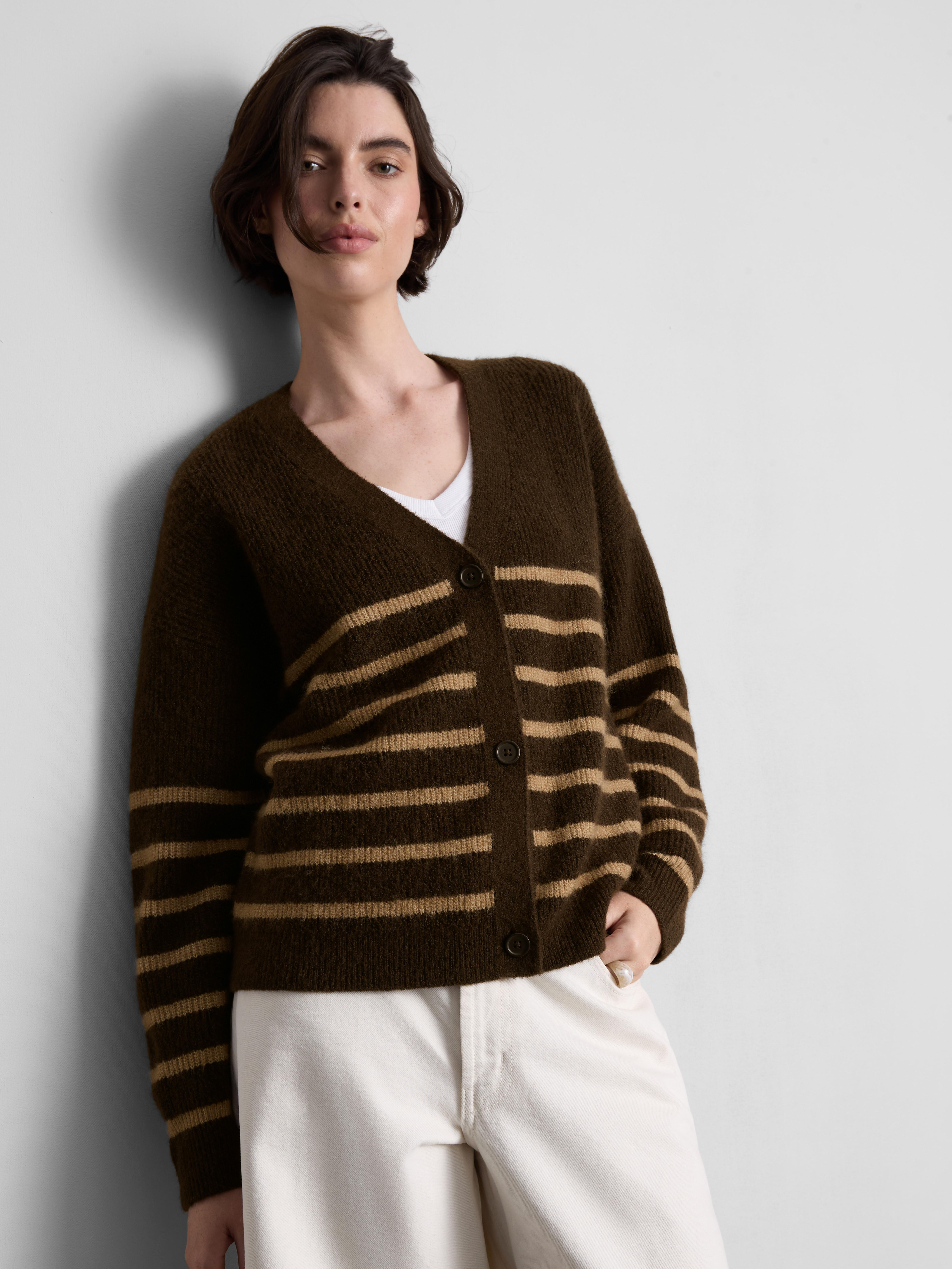 Soft Rib V-Neck Cardigan - Brown