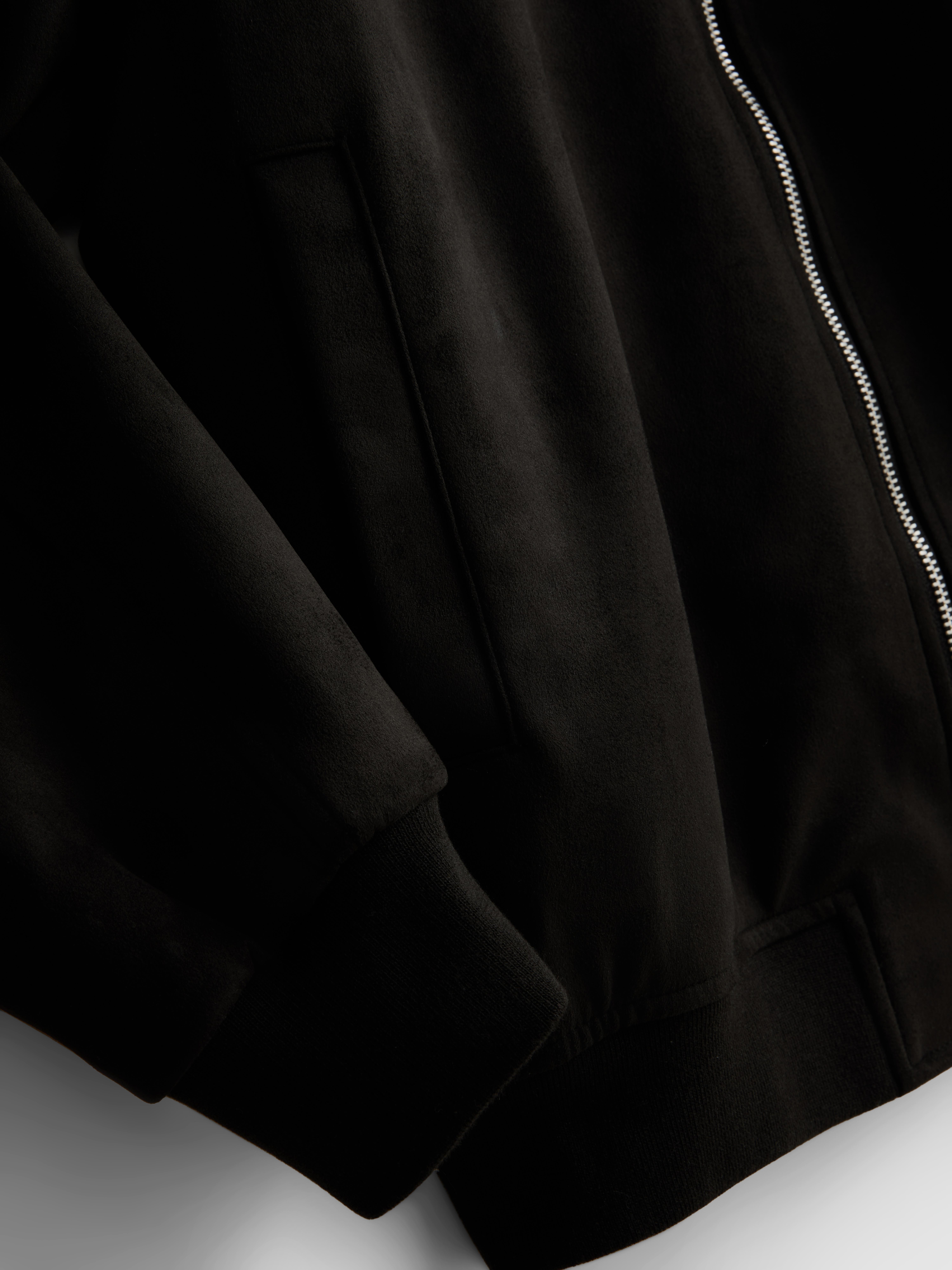 Faux Suede Zip-Up Bomber Jacket - Black