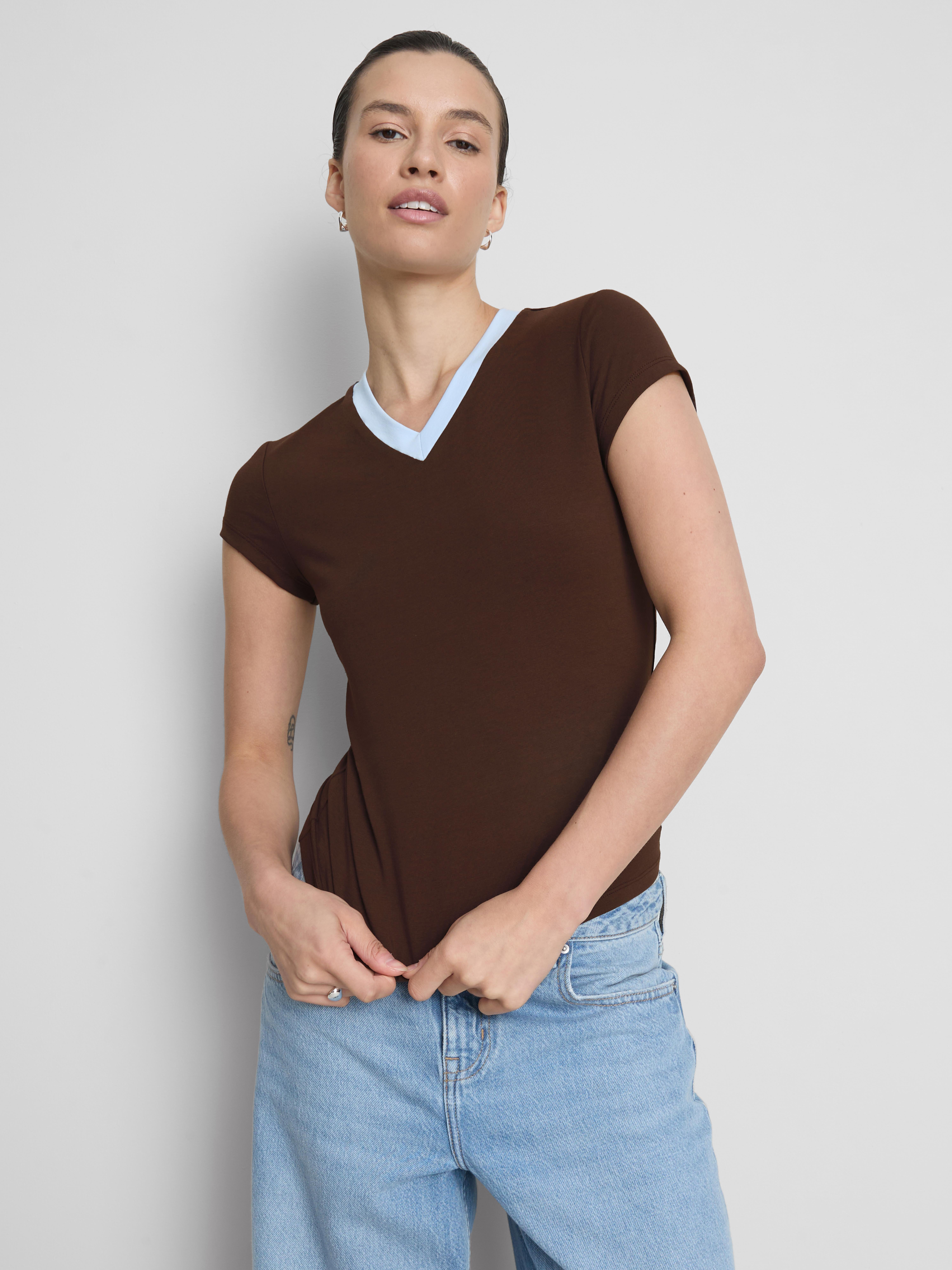 Cotton Rich Contrast V Neck Tee - Blue