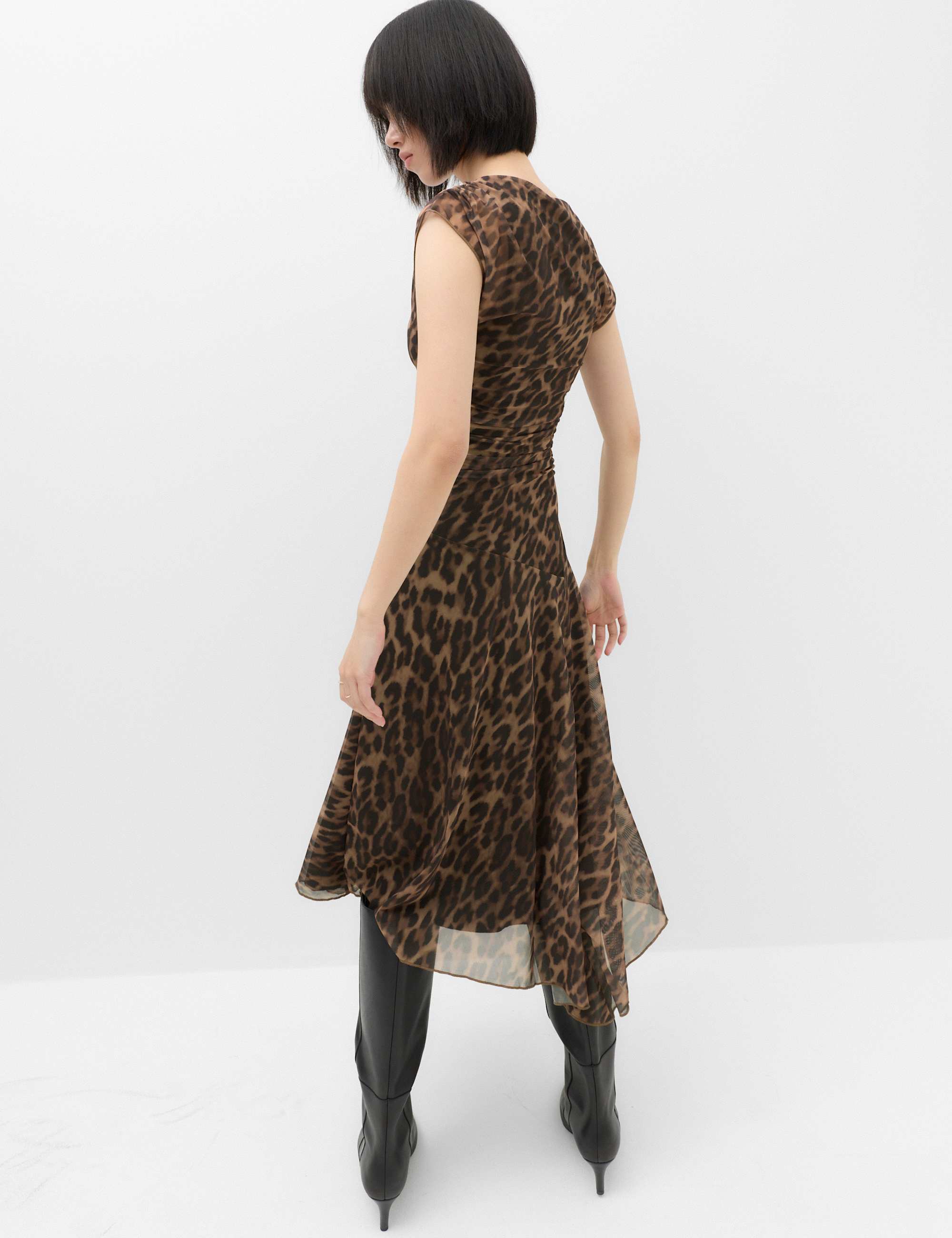 Animal Print Mesh Draped Midi Waisted Dress