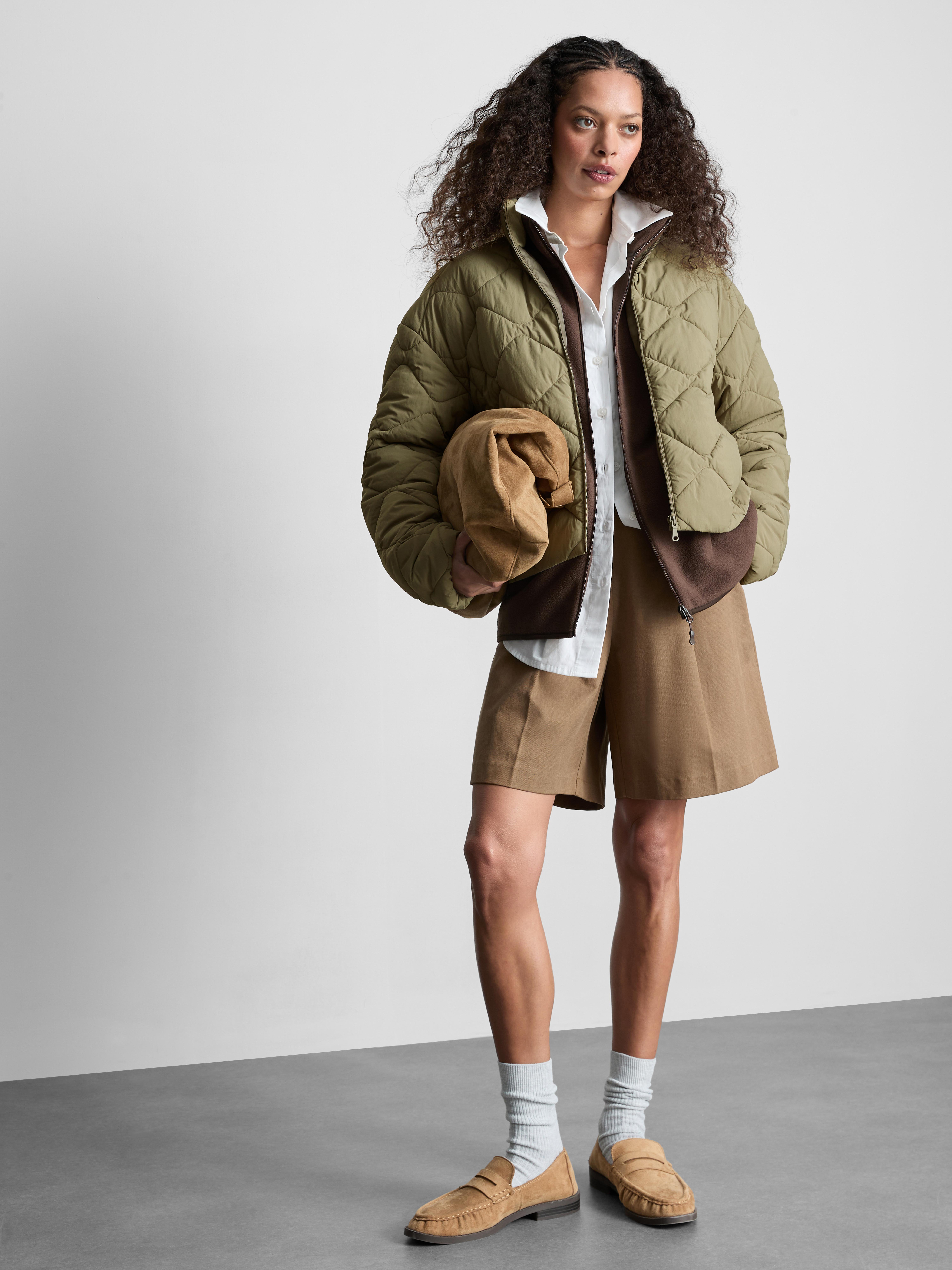 Quilted Funnel Neck Jacket - Olive