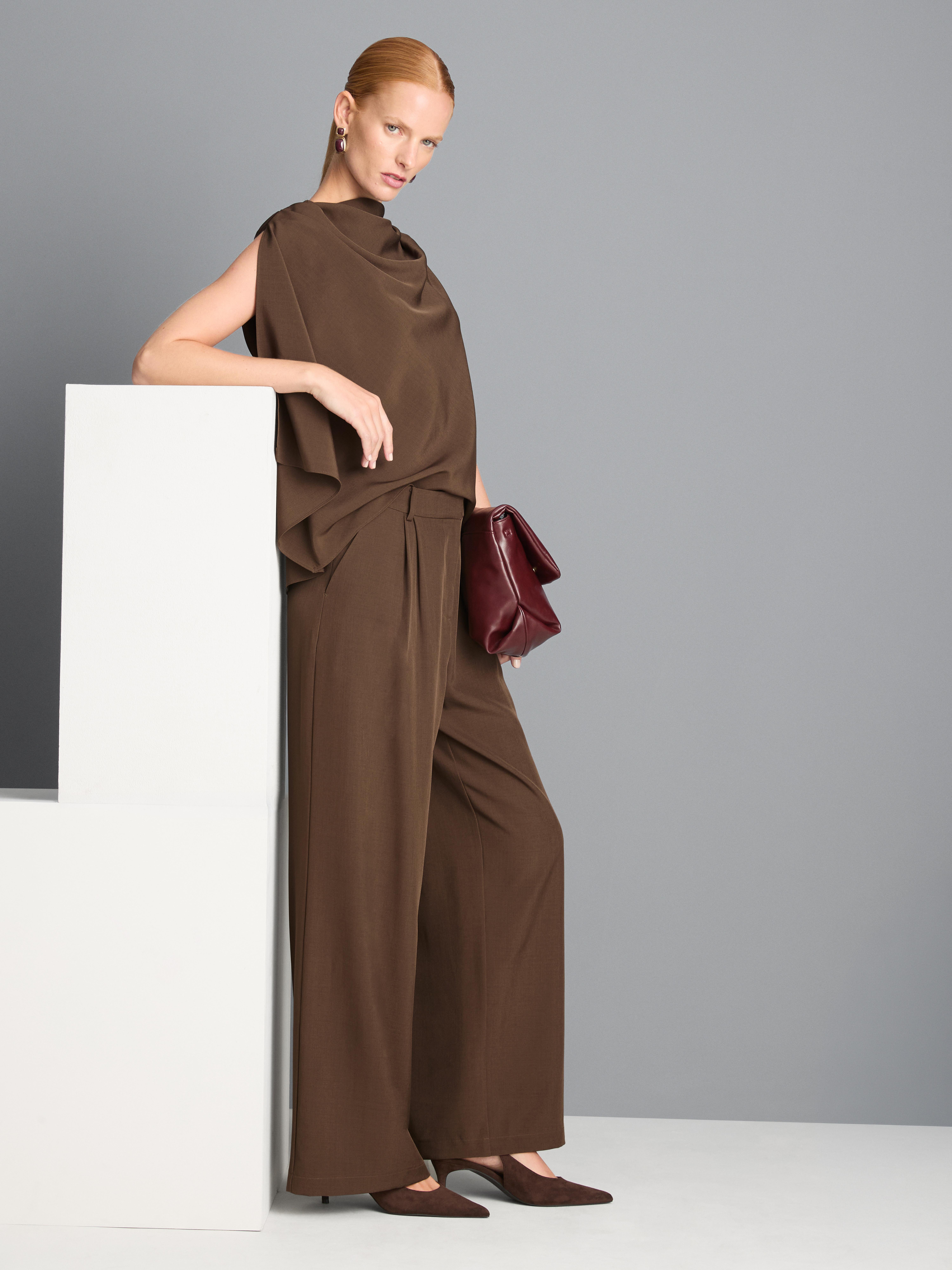 High Waisted Pleated Wide Leg Pants - Mocha