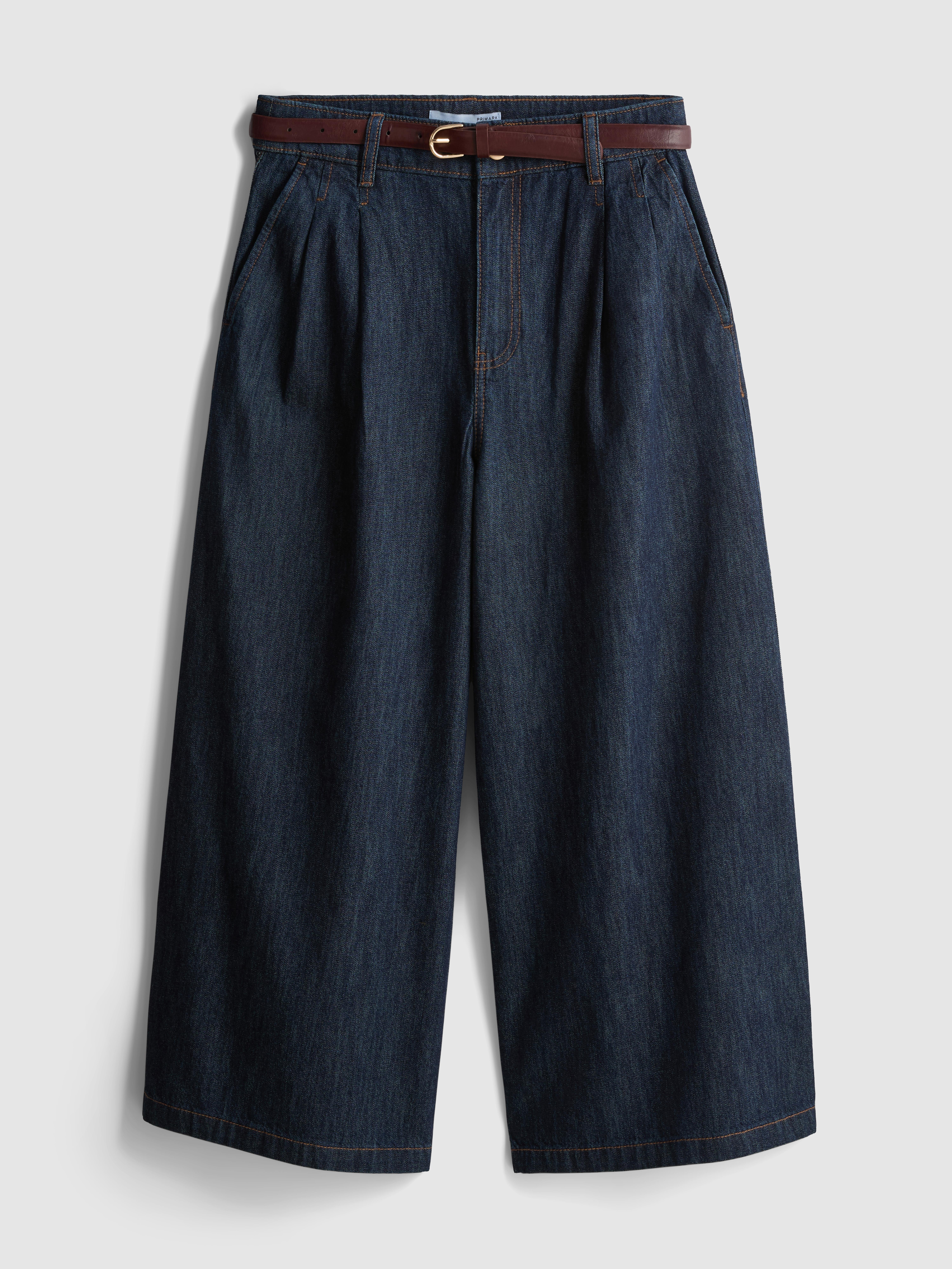 Cotton Denim Belted Culotte Pants - Indigo