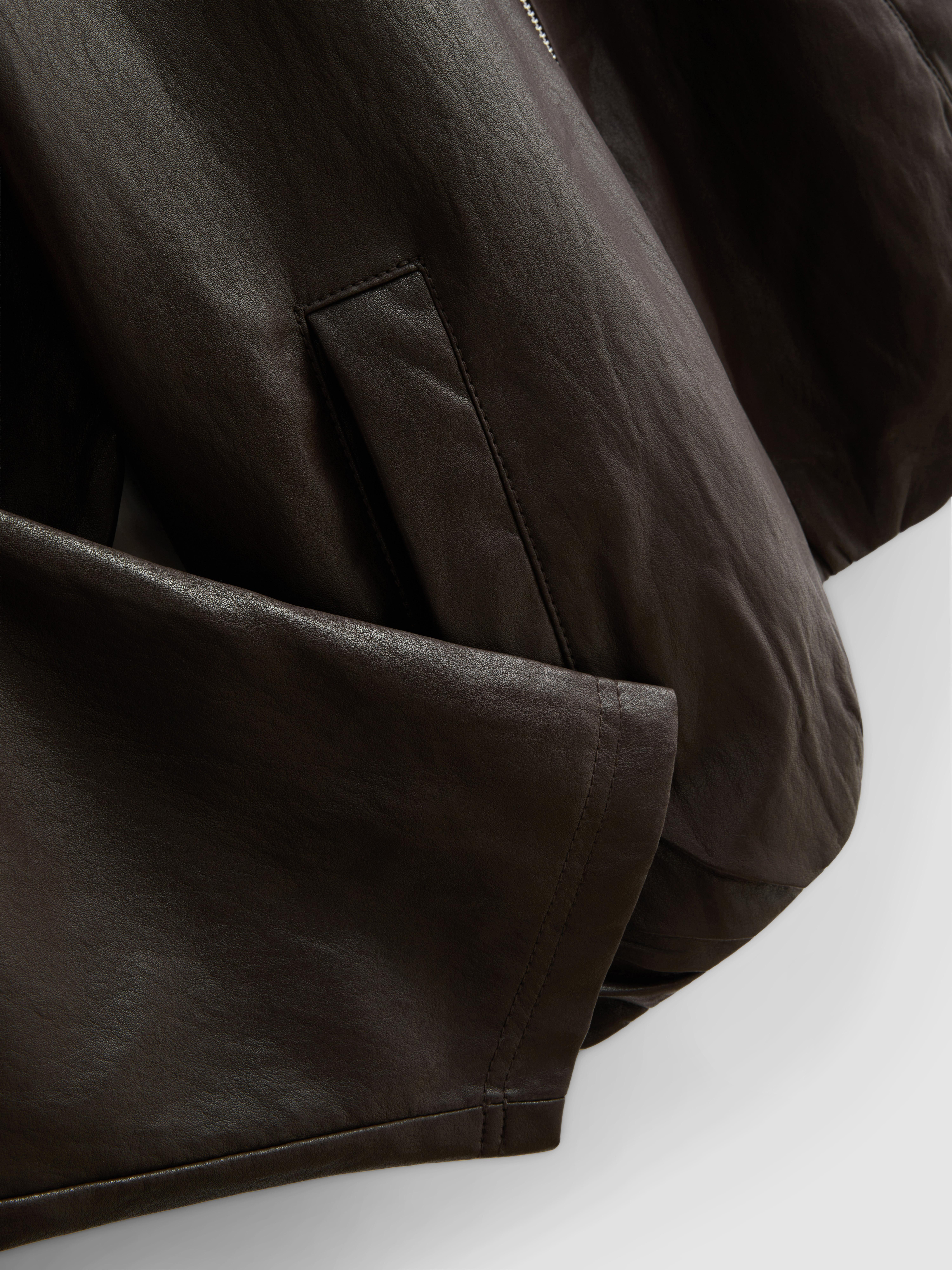 Faux Leather Funnel Jacket - Dark Brown