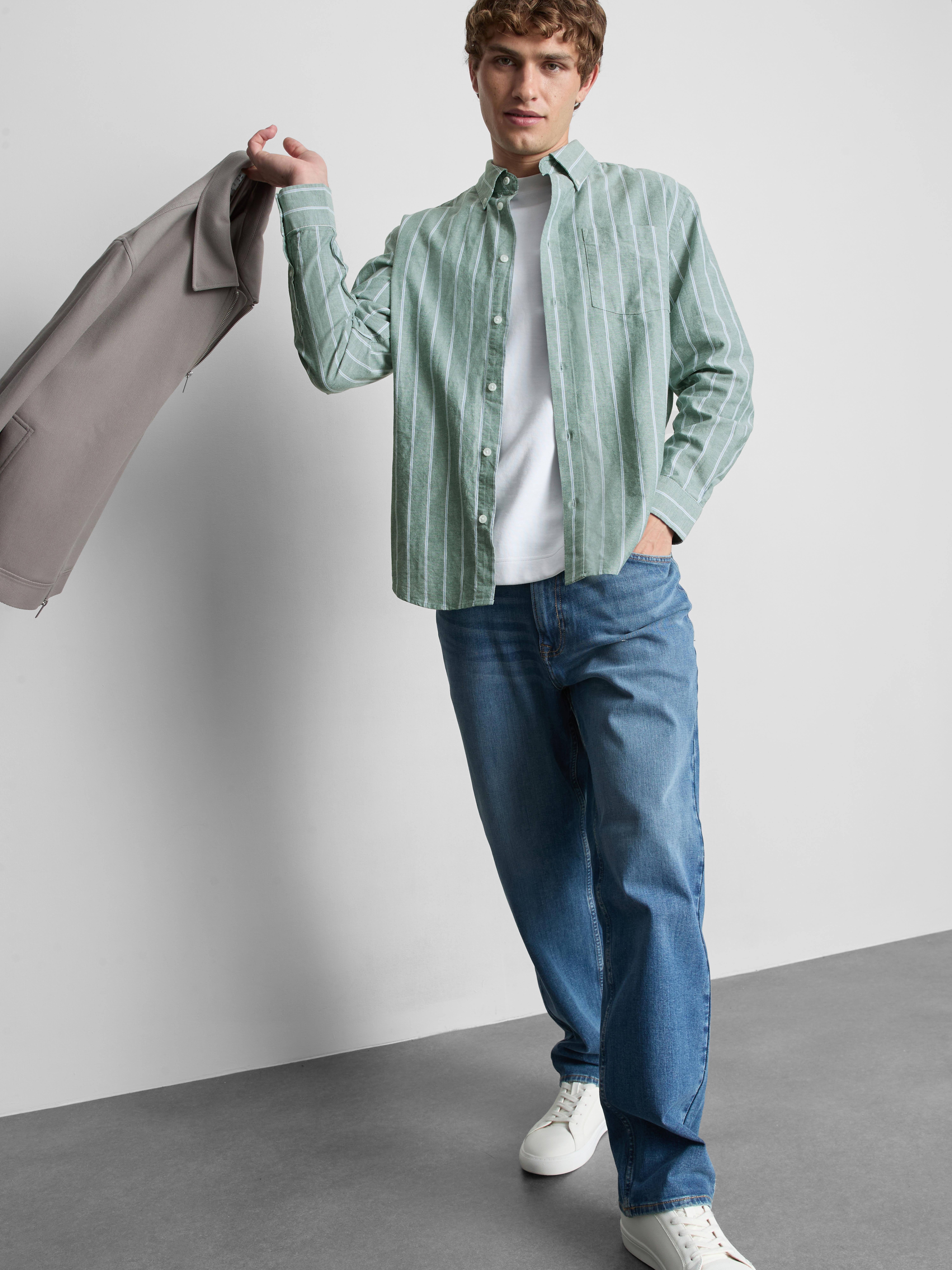 Pure Cotton Striped Oxford Shirt - Green