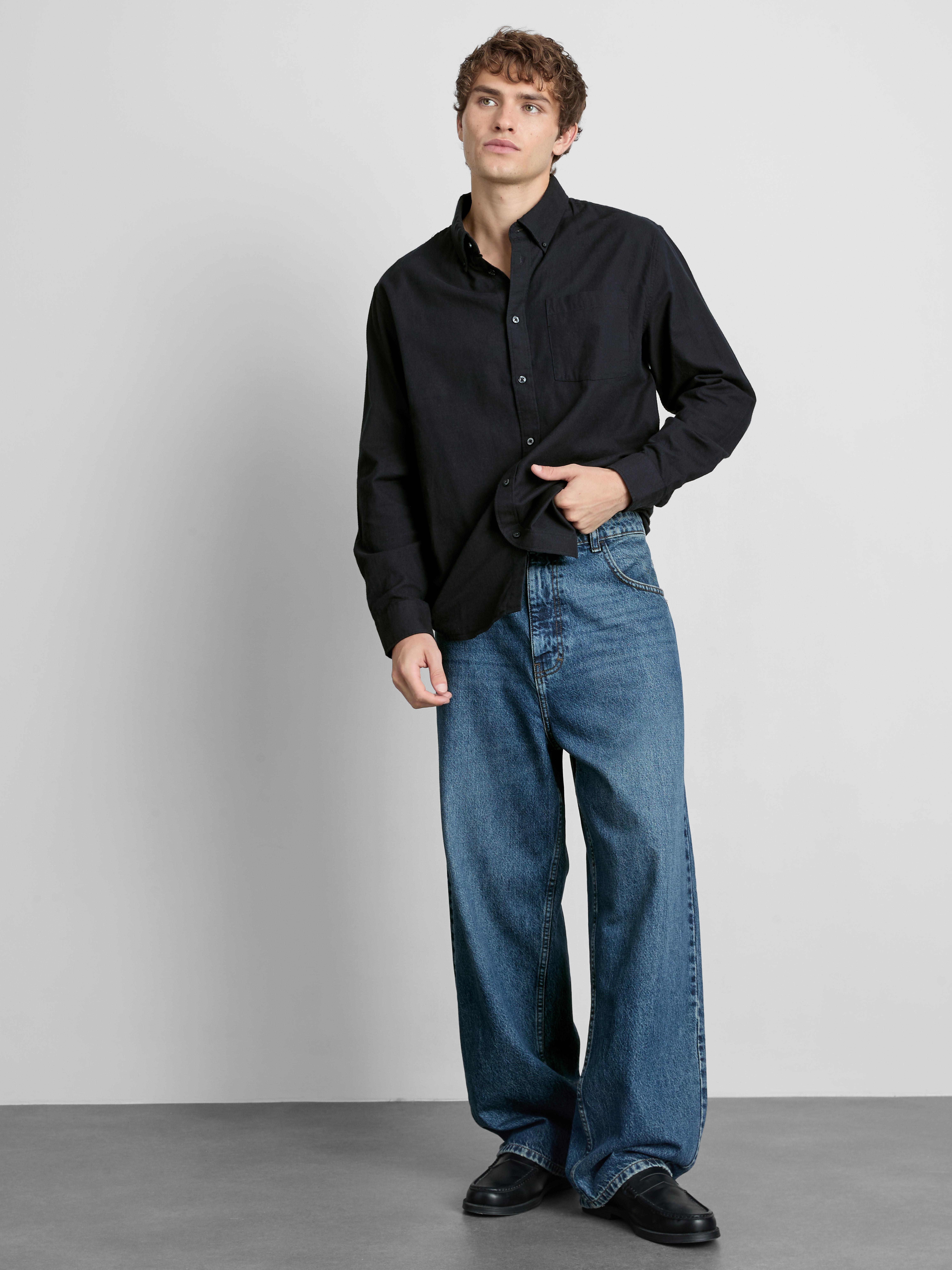 Pure Cotton Button-Down Shirt - Navy