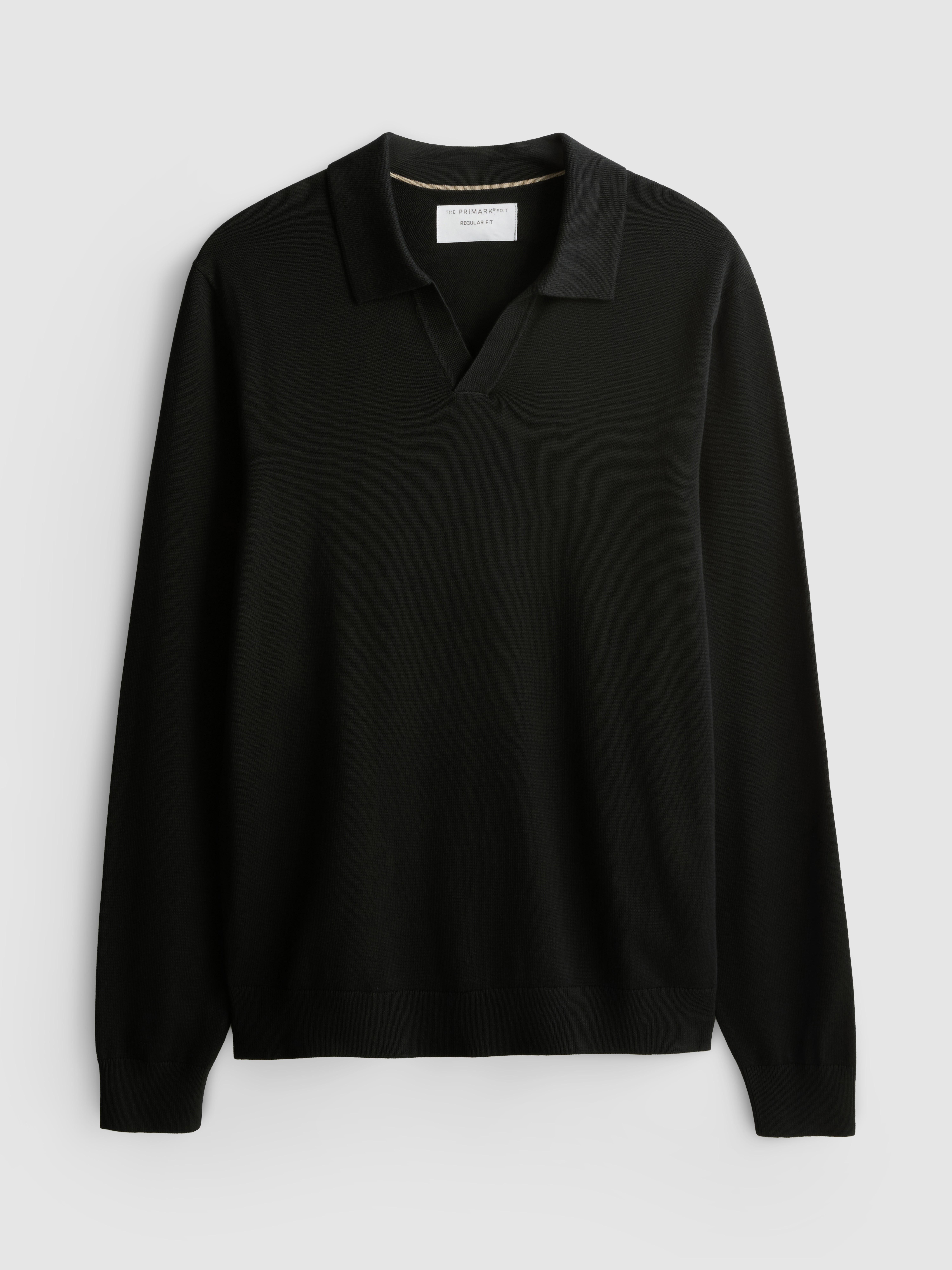 Knitted Long-Sleeve Polo Shirt - Black