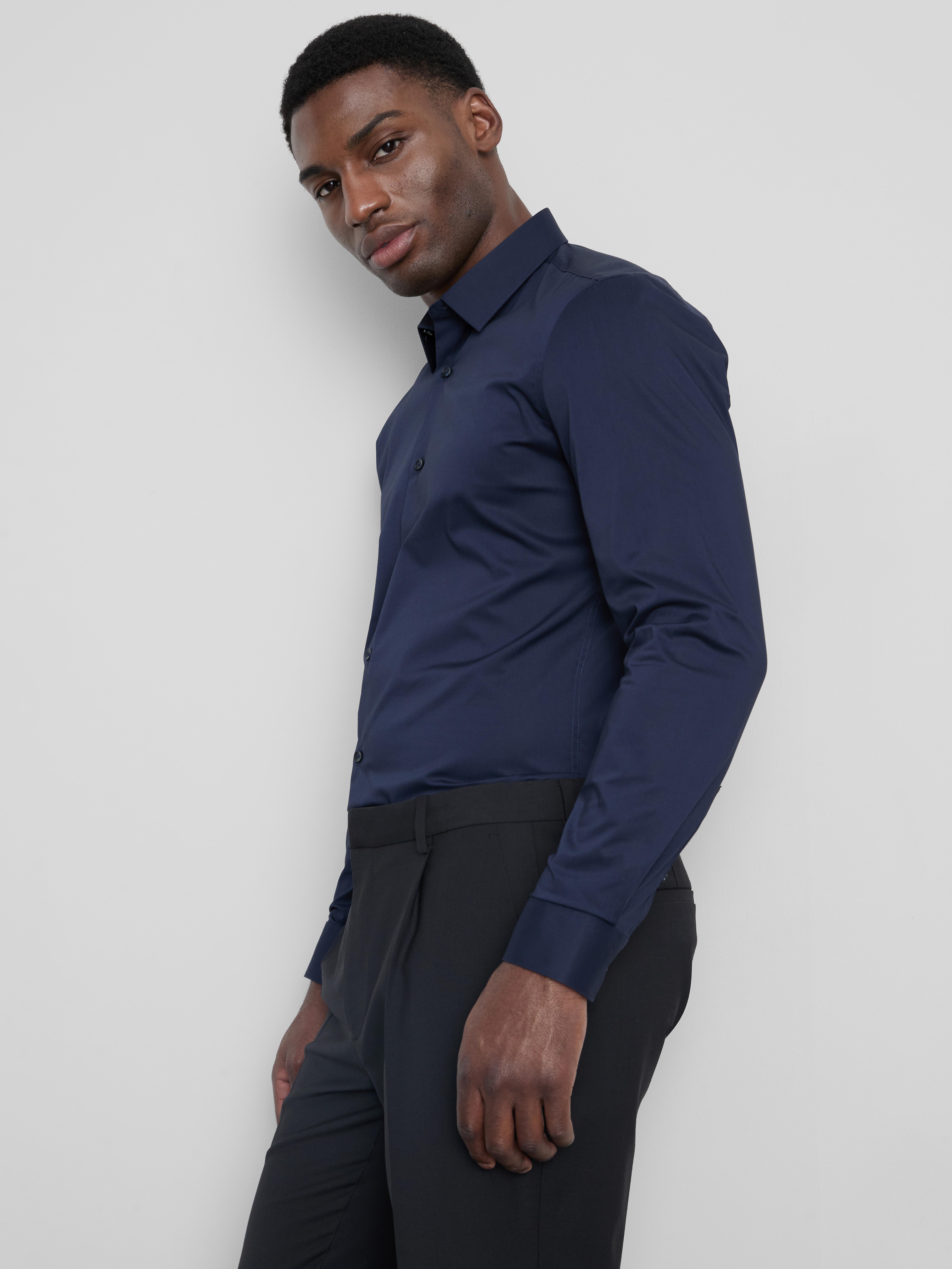 Slim Fit Stretch Button-Up Shirt - Navy