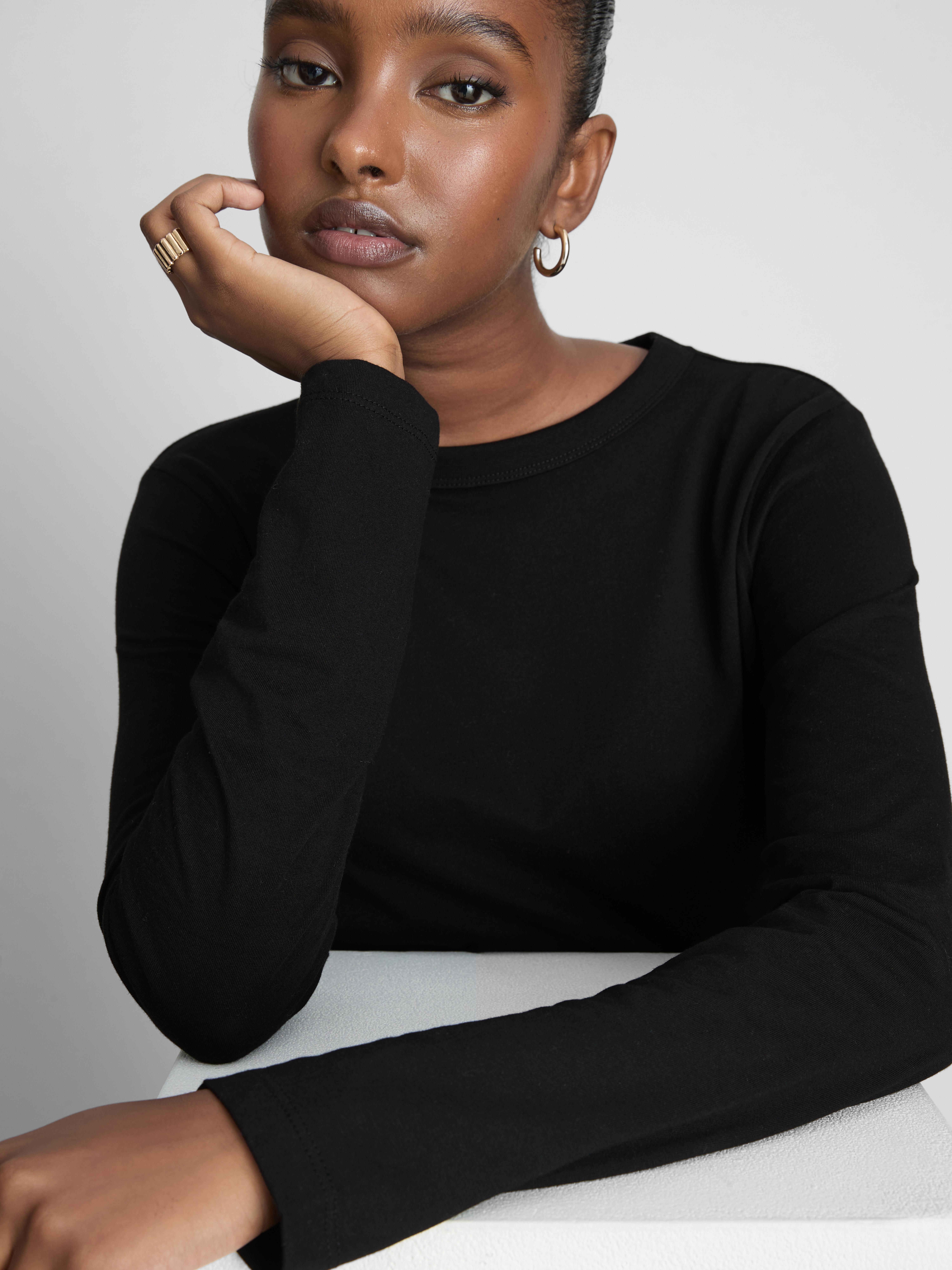 Pure Cotton Long-Sleeve Crewneck Top - Black