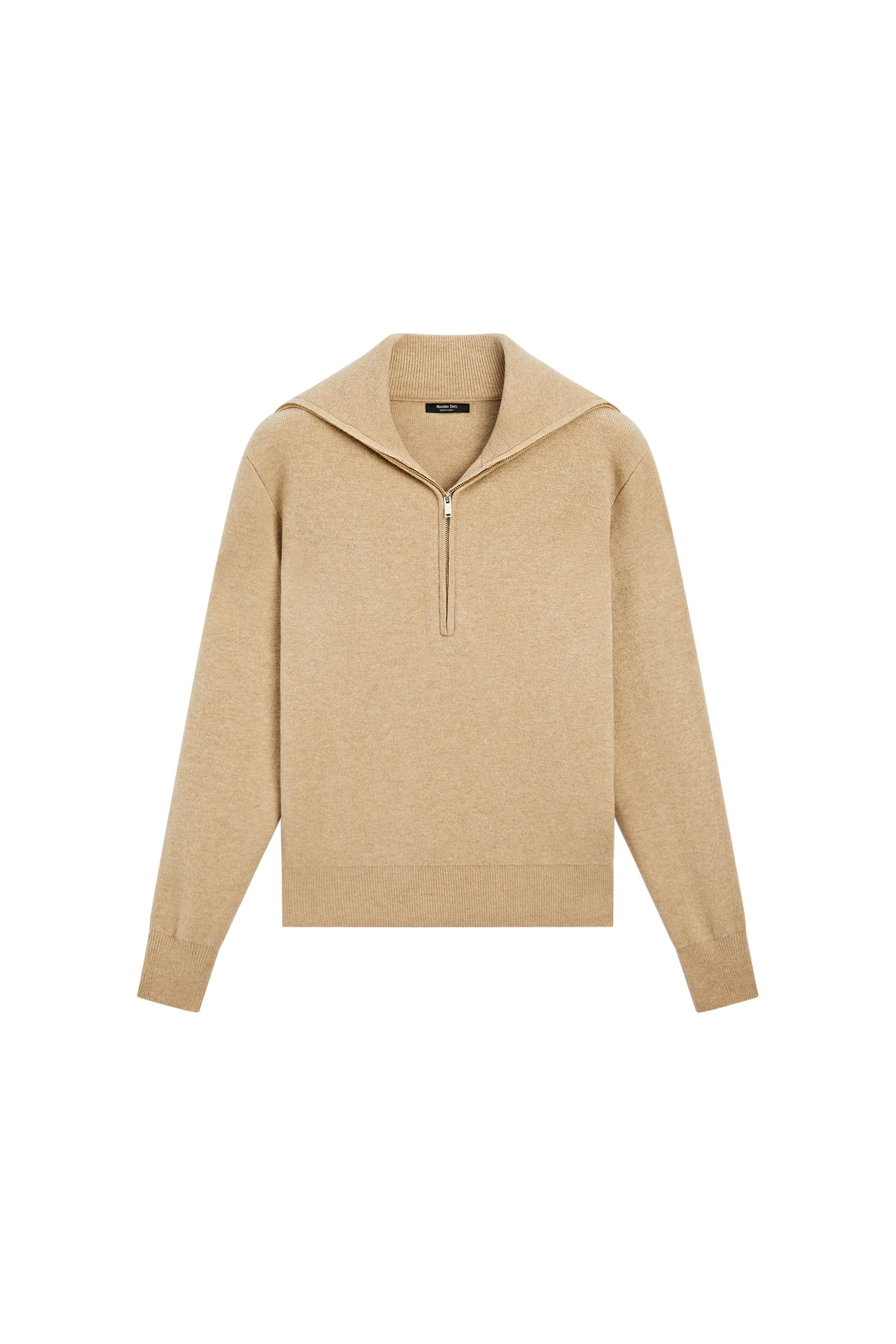 Wide collar zip-up knit sweater - CAMEL