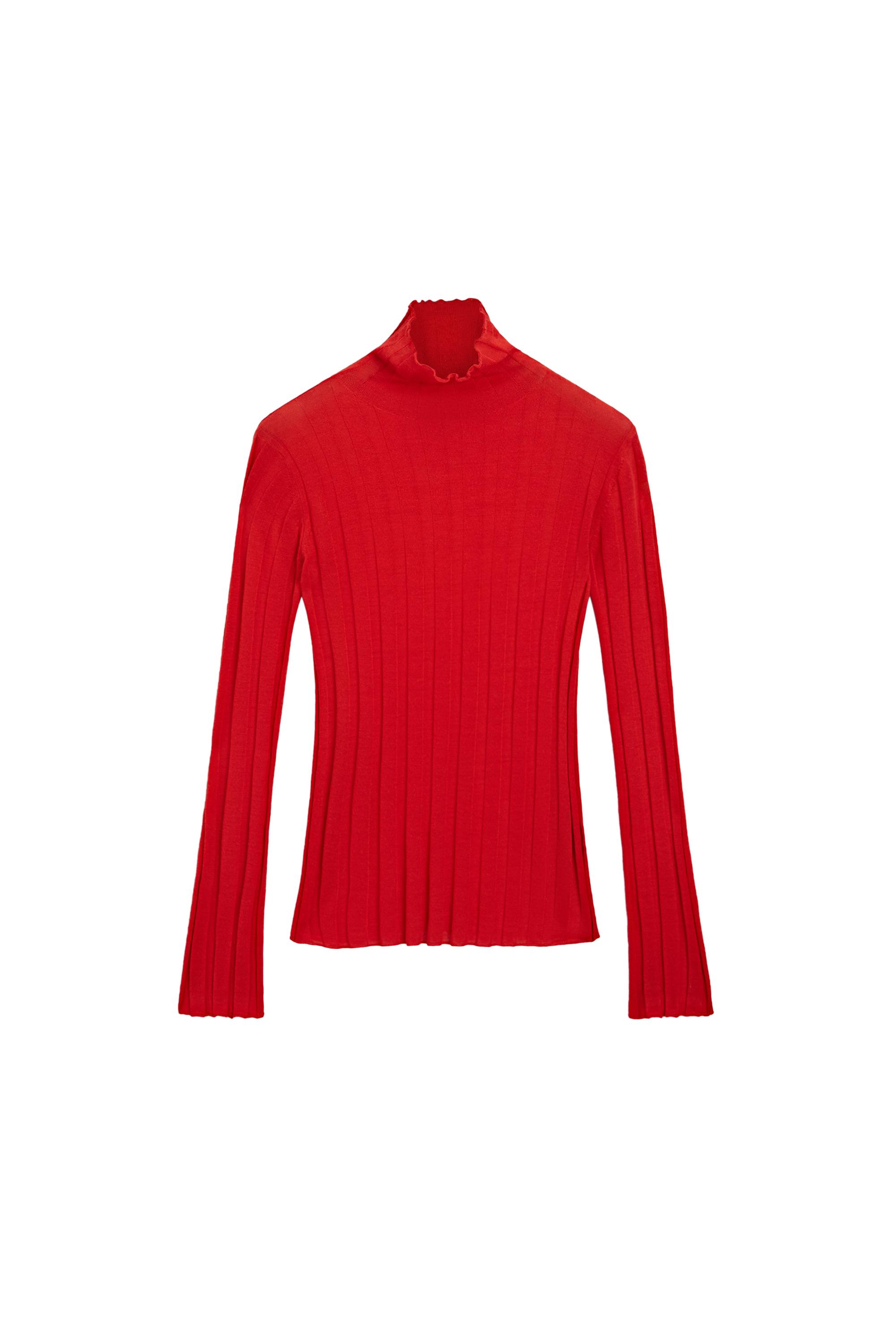 Ribbed mock turtleneck knit sweater - RED