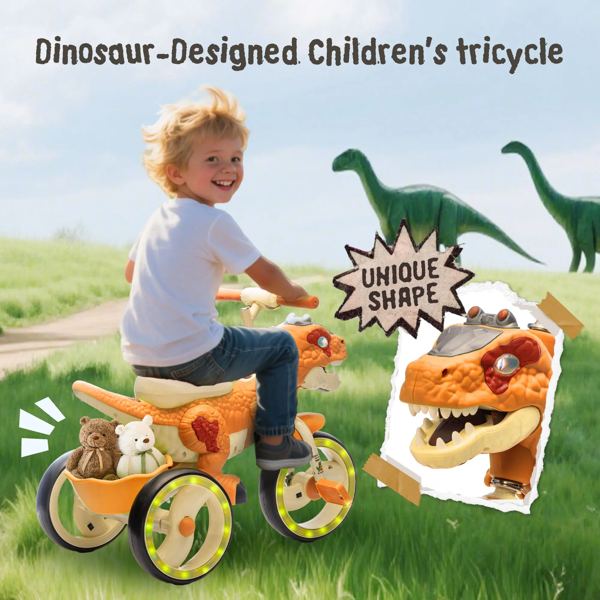 Kids Dinosaur Three-Wheel Ride On Tricycle with Lights & Sound