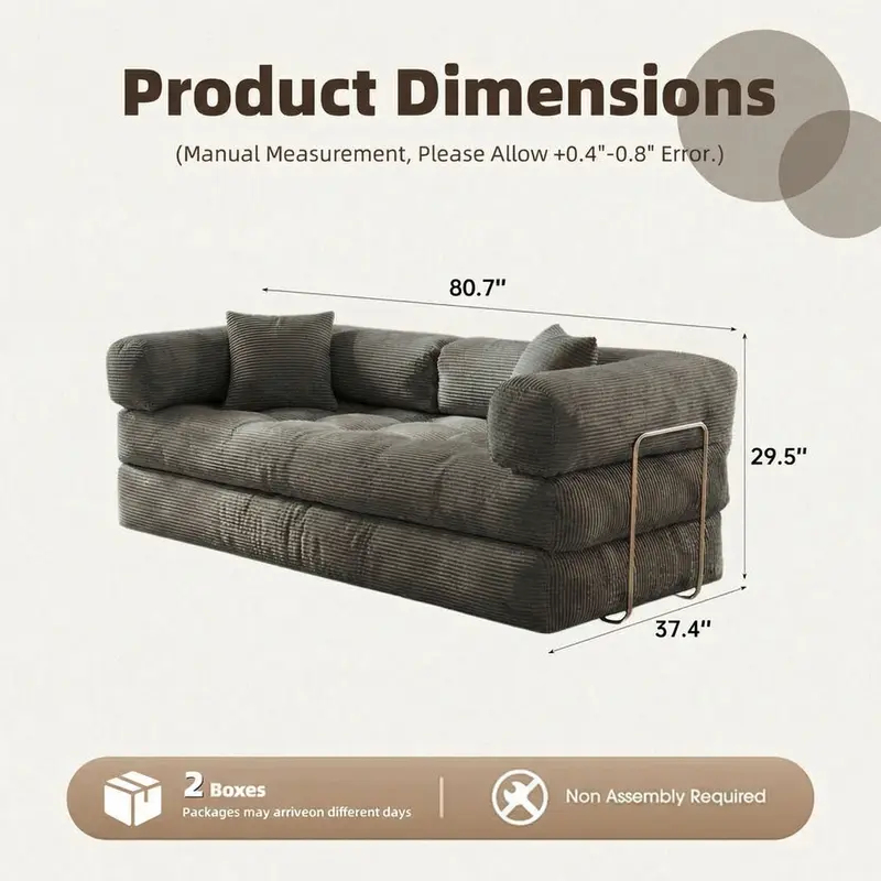 80''foldable boneless indoor sofa - Unassembled leisure furniture with a soft and stress-relieving design, suitable for outdoor and bedroom use.