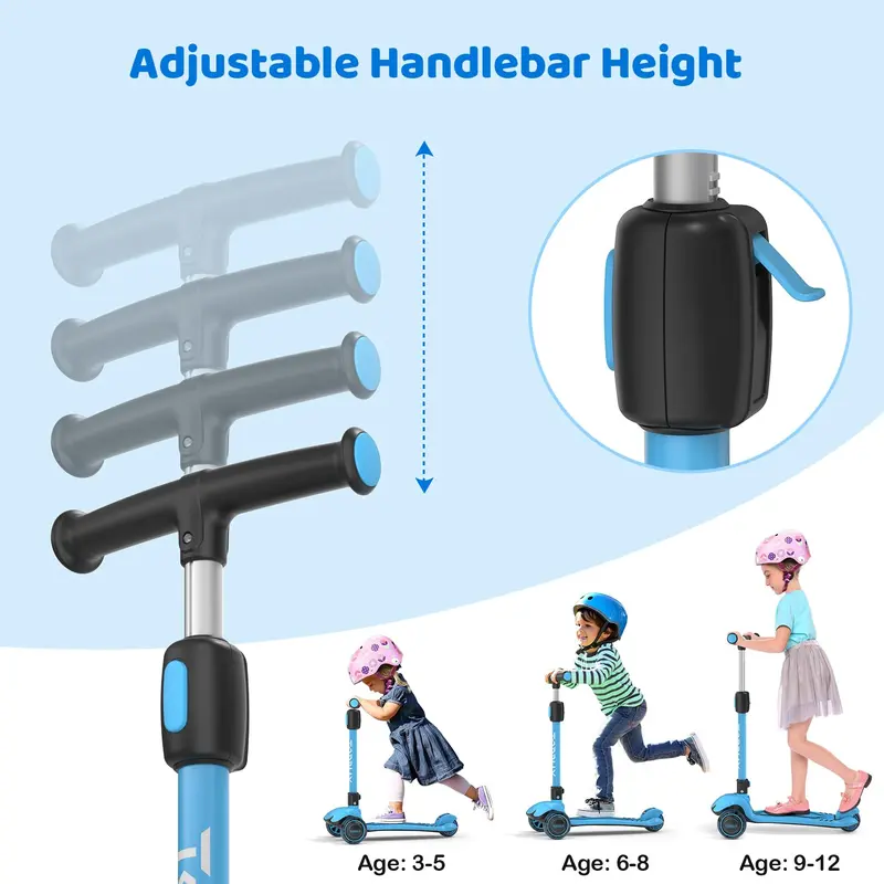 Kids Scooter for Ages 3-12 with Multi-Gear Handlebar Adjustment, Light Up Wheels, Lean-To-Steer Design & Widen Anti-Slip Deck