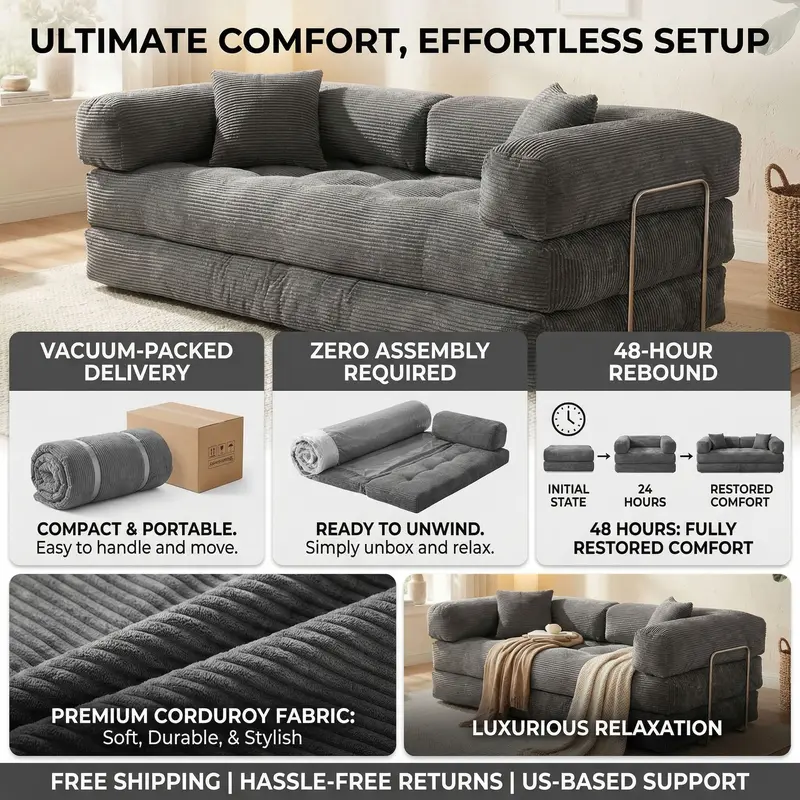 80''foldable boneless indoor sofa - Unassembled leisure furniture with a soft and stress-relieving design, suitable for outdoor and bedroom use.