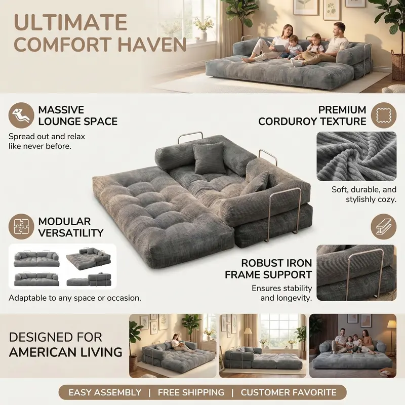 80''foldable boneless indoor sofa - Unassembled leisure furniture with a soft and stress-relieving design, suitable for outdoor and bedroom use.