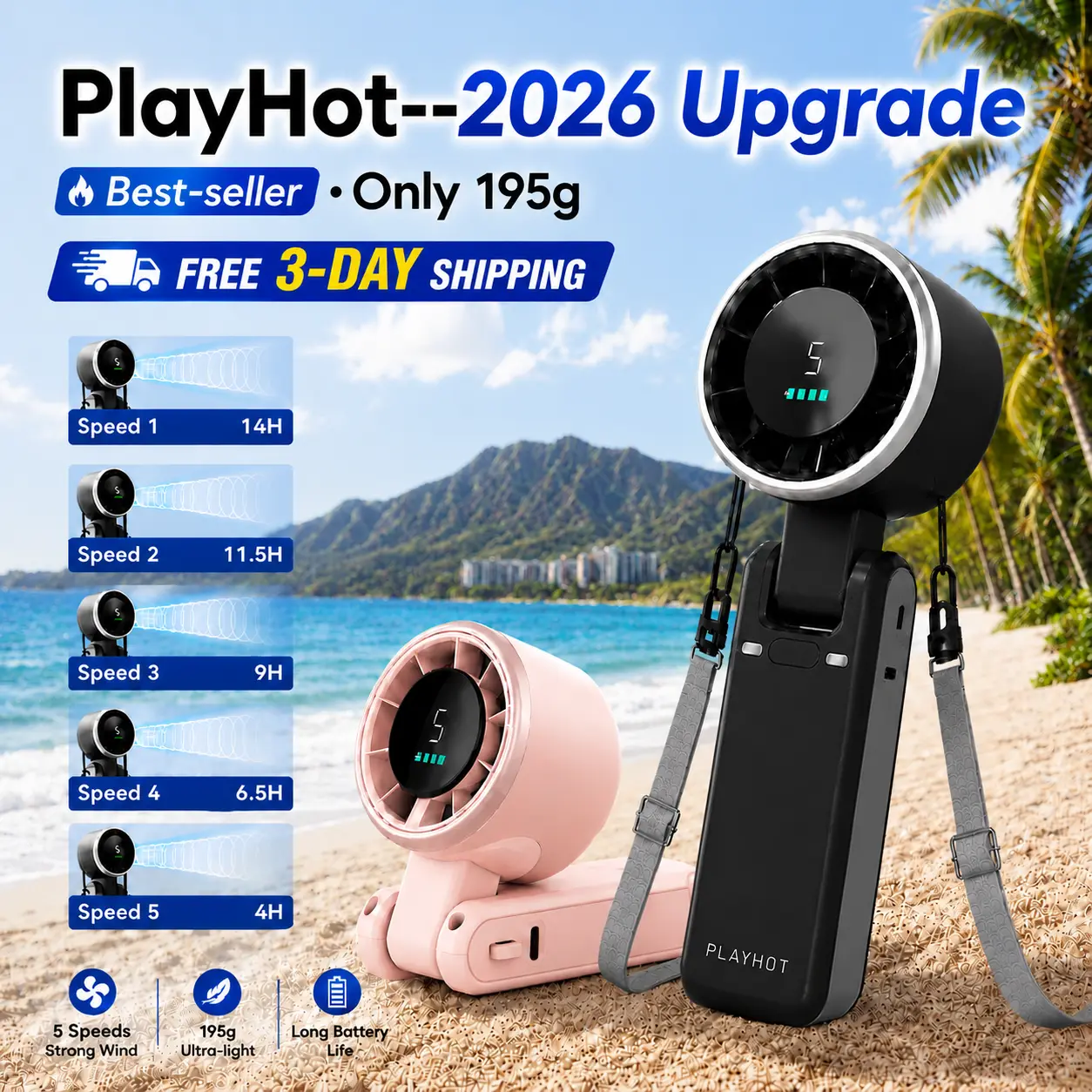 PLAYHOT N607 Portable Handheld Turbo Fan - 5 Speed, 4000mAh