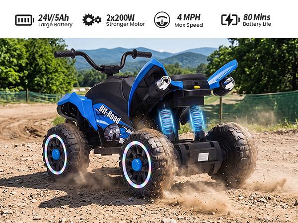 Hikiddo 24V ATV Kids 4 Wheeler, Spider Electric Four Wheeler for Kids Ride on Toy, 16" Extended Seat