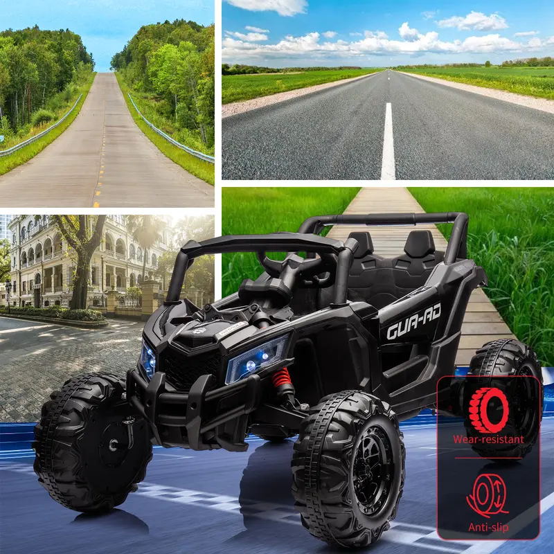 Kids' 24V Remote Control Ride-On UTV Car - Black, 200W Motors, LED Lights, USB Music, Spring Suspension, Metal Frame, Steering Wheel, EVA, 66 lbs, ASTM F963 Certified, Supports Children Development