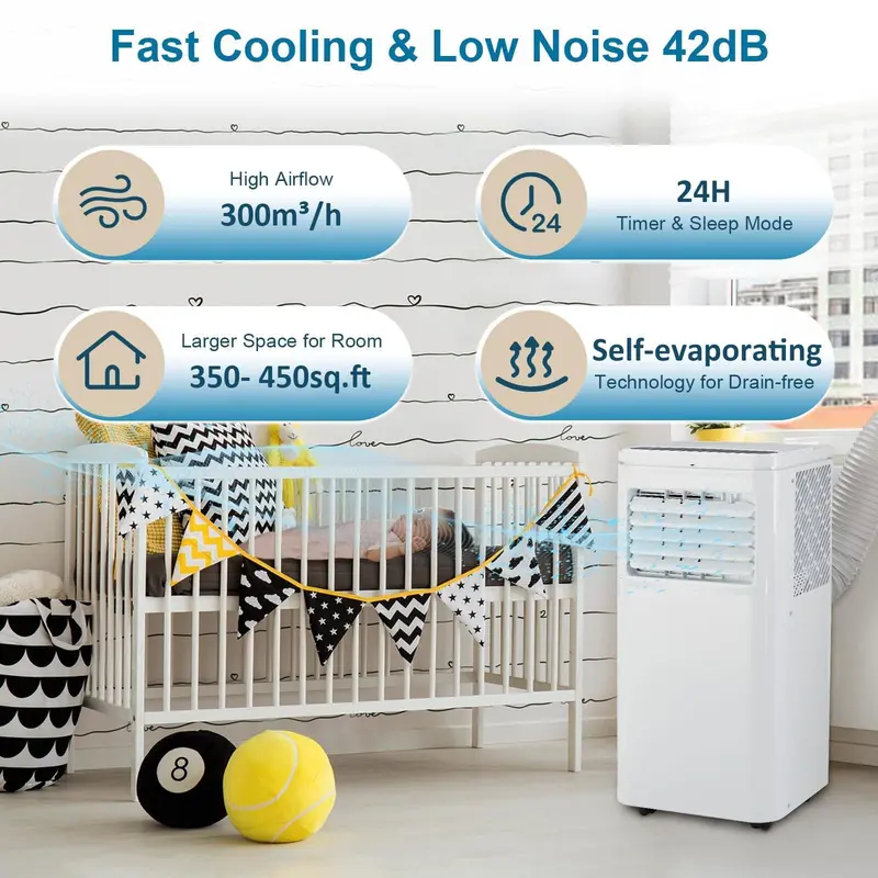 10000 BTU Portable Air Conditioner for Bedroom (Cools 450 Sq ft), 3-in-1 Room AC Unit with 4-Way Swing & Dehumidifier, Secure Window Kit Included, Quiet 55dB Sleep Mode, Easy Mobility