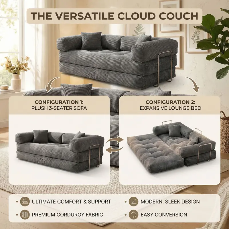 80''foldable boneless indoor sofa - Unassembled leisure furniture with a soft and stress-relieving design, suitable for outdoor and bedroom use.