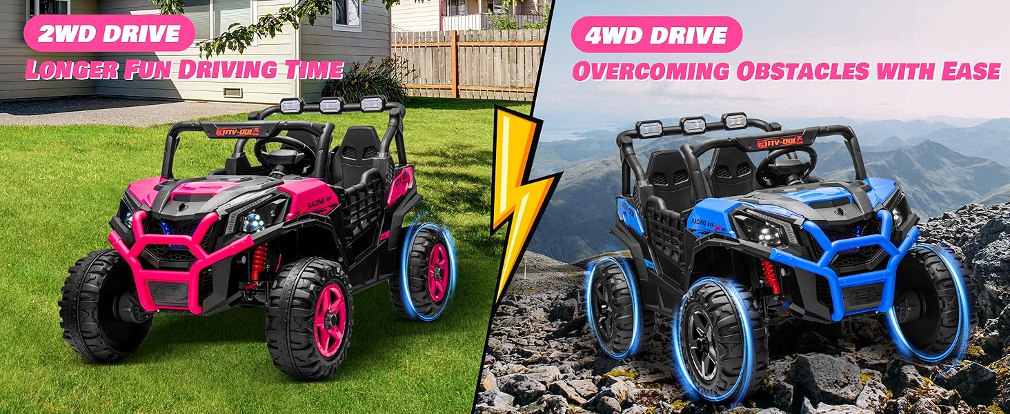 JOYRACER 4WD 24V Ride on Toys UTV with 2 XL Seaters, 4*200W Motor Kid Electric Power Car Wheels with Remote Control, LED Lights, Spring Suspension, 3 Speeds, Bluetooth Music, Electric Car for Big Kids, Perfect Gift for Boys and Girls Aged 3-8