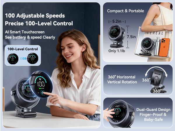 4000mAh Rechargeable Portable Clip on Fan-100-Speed Touch Control, LED Display, 360° Rotate Quiet Turbo Desk Fan, Small Battery Operated USB Fan for Stroller Bed Travel Camping Golf Gym summerwins,dorm essentials,home essentials