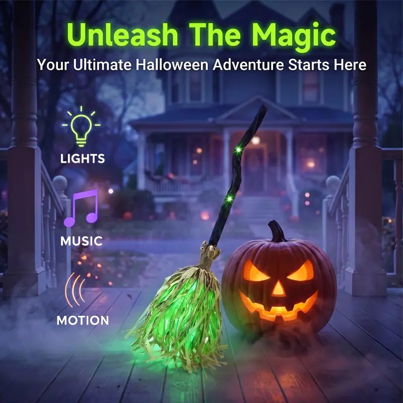 LED Motion Activated Halloween Witch Broom Decoration, Light Up Musical Raffia Broom with Spooky Sound Effects, Indoor Outdoor Party Decor for Porch Haunted House