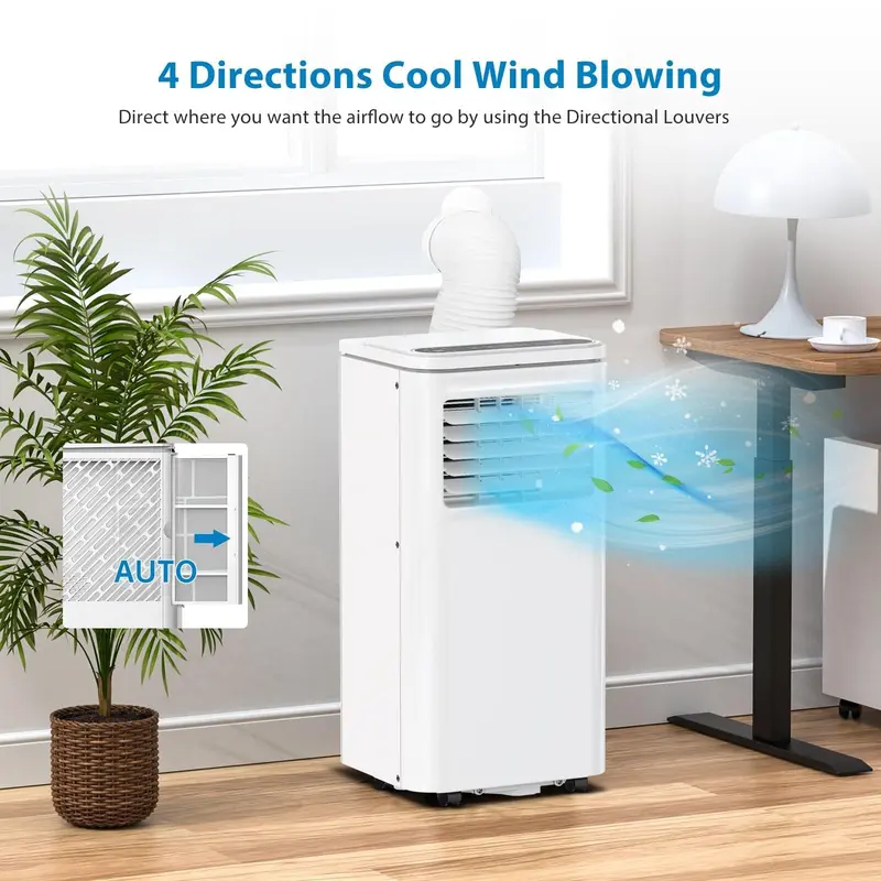 10000 BTU Portable Air Conditioner for Bedroom (Cools 450 Sq ft), 3-in-1 Room AC Unit with 4-Way Swing & Dehumidifier, Secure Window Kit Included, Quiet 55dB Sleep Mode, Easy Mobility