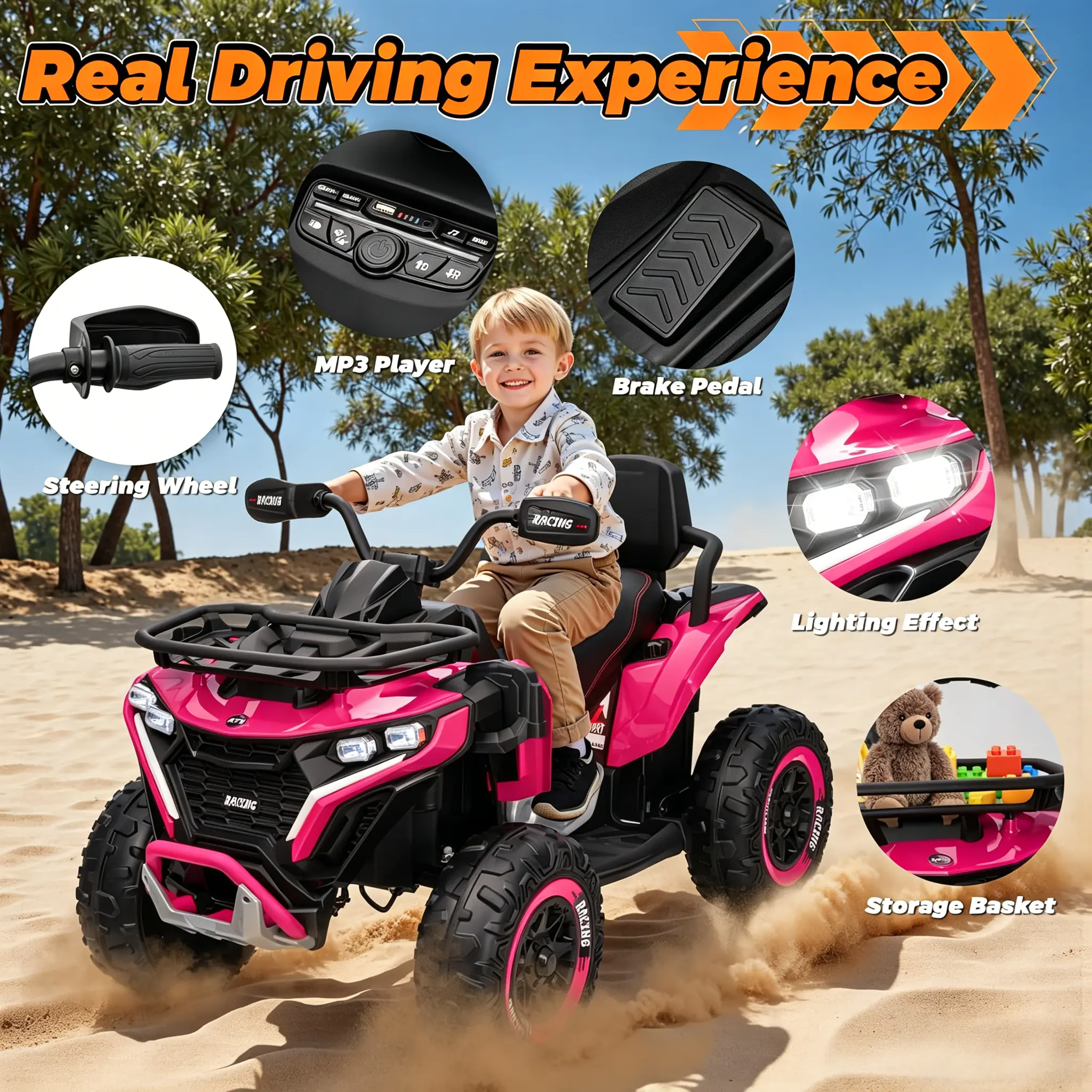 JOYRACER 24V Ride on ATV for Kids with Leather Seat & Bluetooth