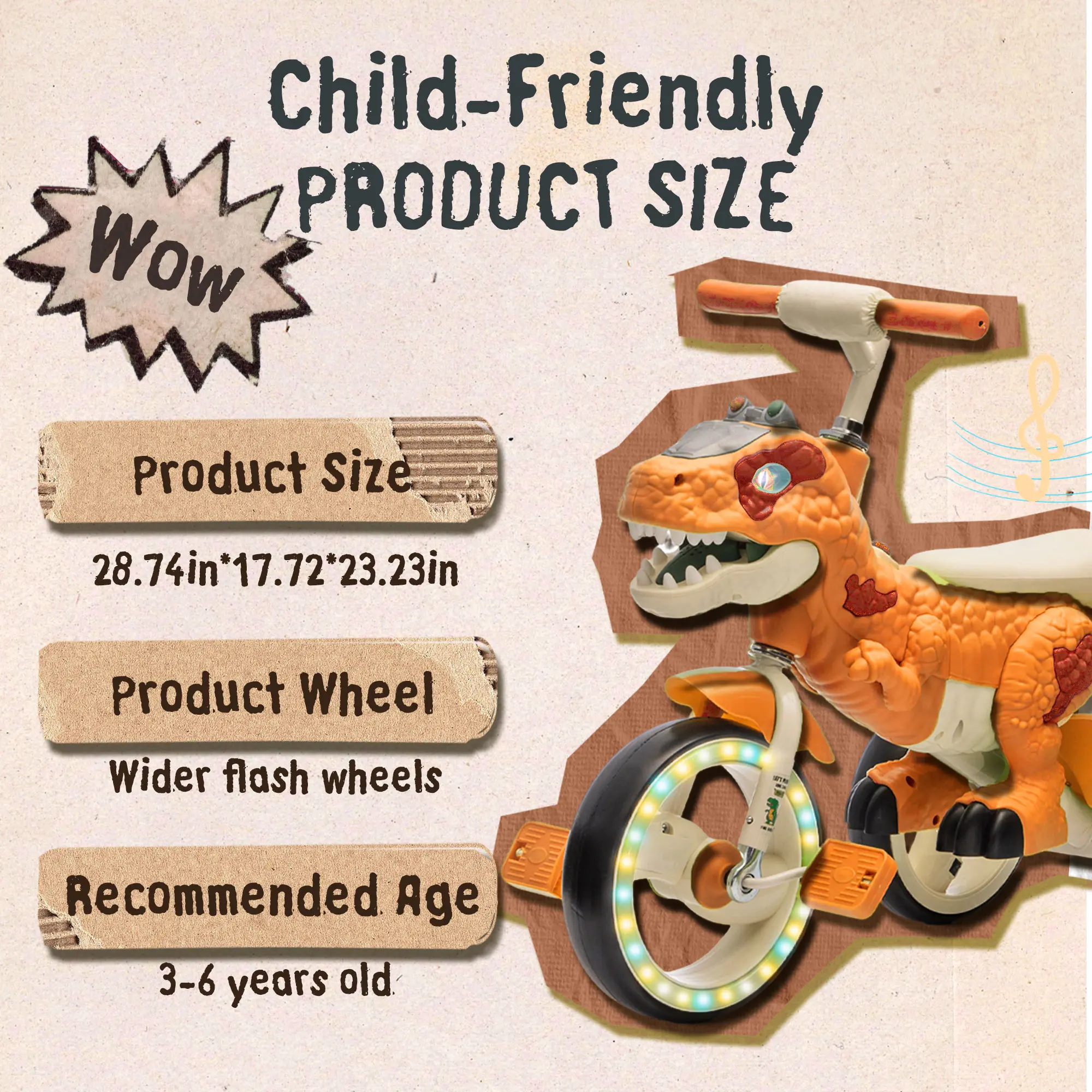 Kids Dinosaur Three-Wheel Ride On Tricycle with Lights & Sound