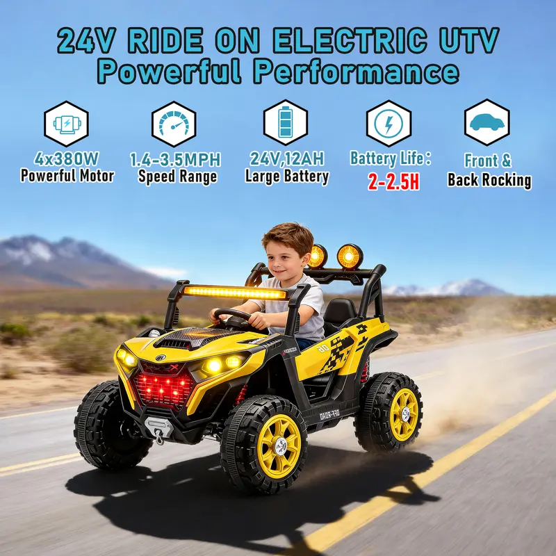 24V Kids Ride On UTV Car with Parent Remote Control,4x380W Motor, 4-Wheel Suspension, LED Headlights, Bluetooth Music, USB & Power Display,Electric Kids Car for Ages 3+ .Perfect birthday Gift for Boys & Girls!, Playdate, Emergency Stop