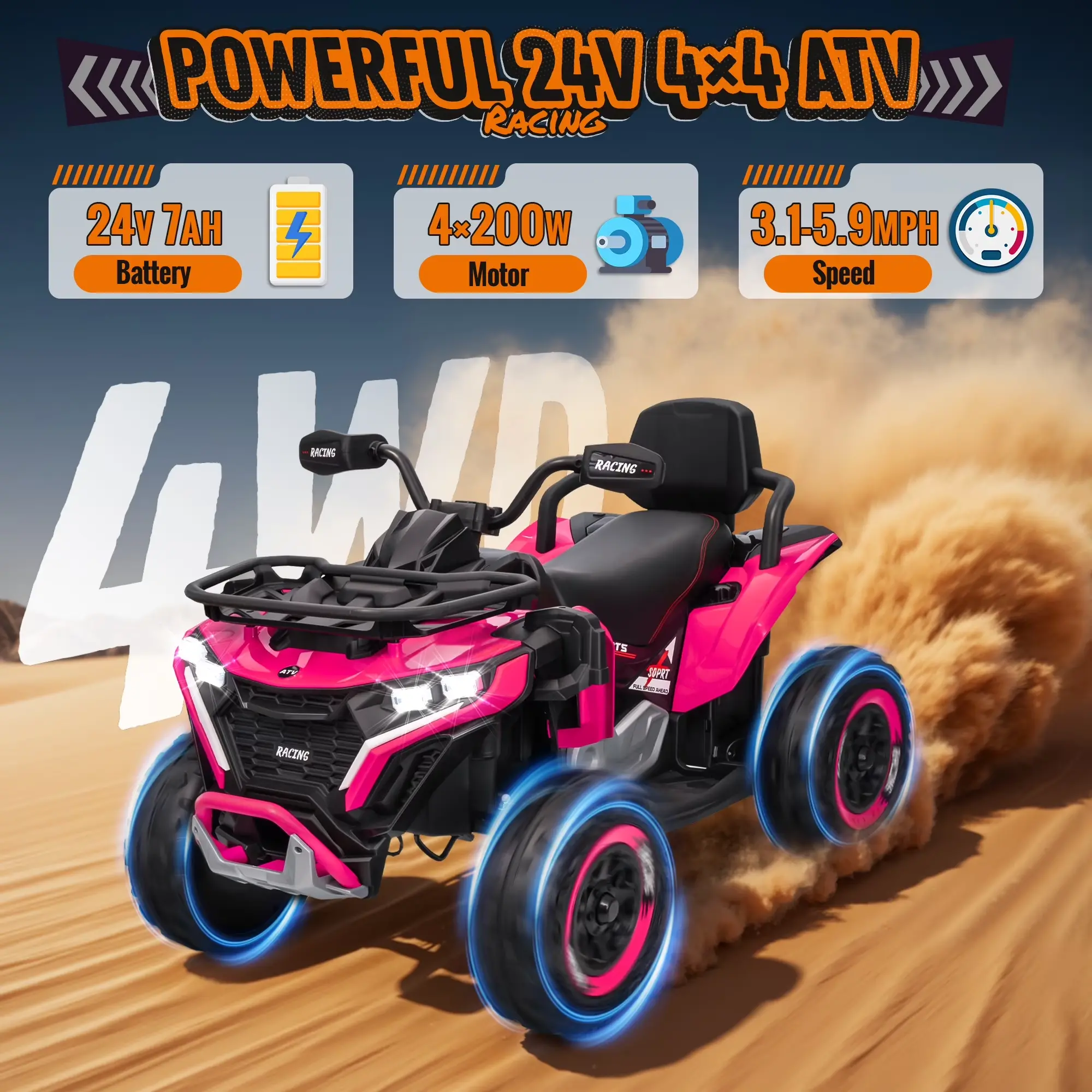 JOYRACER 24V Ride on ATV for Kids with Leather Seat & Bluetooth
