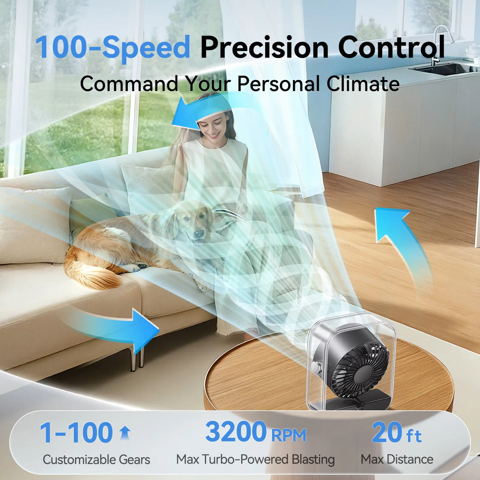 KIMMOO Rechargeable USB Desk Fan with 100 Speeds and Remote Control