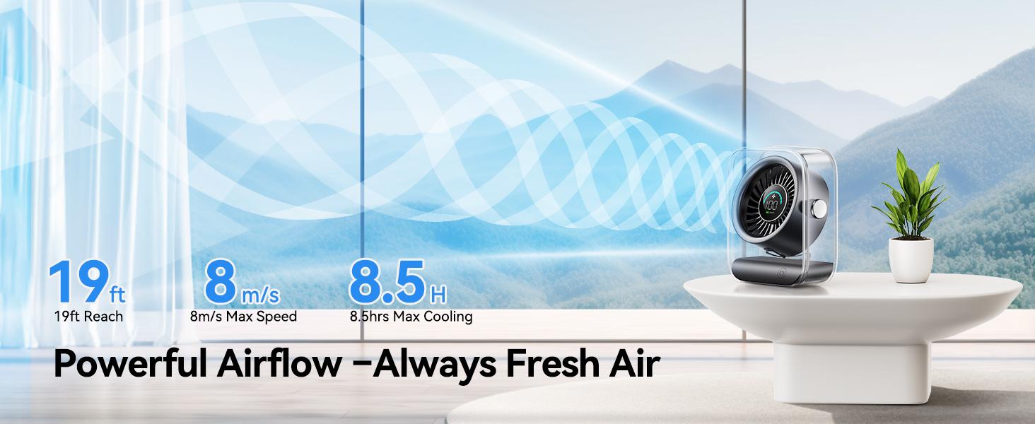 KIMMOO Rechargeable USB Desk Fan, Quiet Table Fan with Turbo Airflow, 100 Speeds, Digital Display, 90° Rotating, Small Battery Desktop Fans for Bedroom Home Office Travel, Black