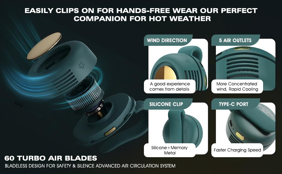 Mini Portable Bladeless Electric Fan - Summervibes Silent 3-Speed Adjustable, Rotating Body, Clip-On/Waist-Mounted, Suitable for Outdoor Travel & Office Use, Summer Gift (Household Appliances), Mini Portable Fan