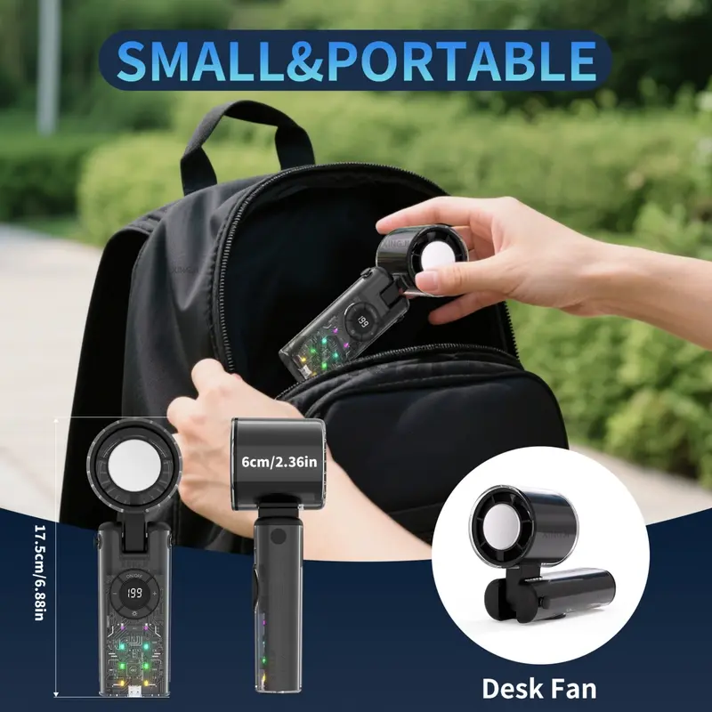 Portable Handheld Turbo Fan, Rechargeable Camping Fan, 199-Gear Wind Speed, Battery Operated USB-C Rechargeable, Up to 12 Working Hours, 3-in-1 Hand Cooling Fan with Multi-Color LED Light, Fan for Outdoor Activities, Travel, Beach