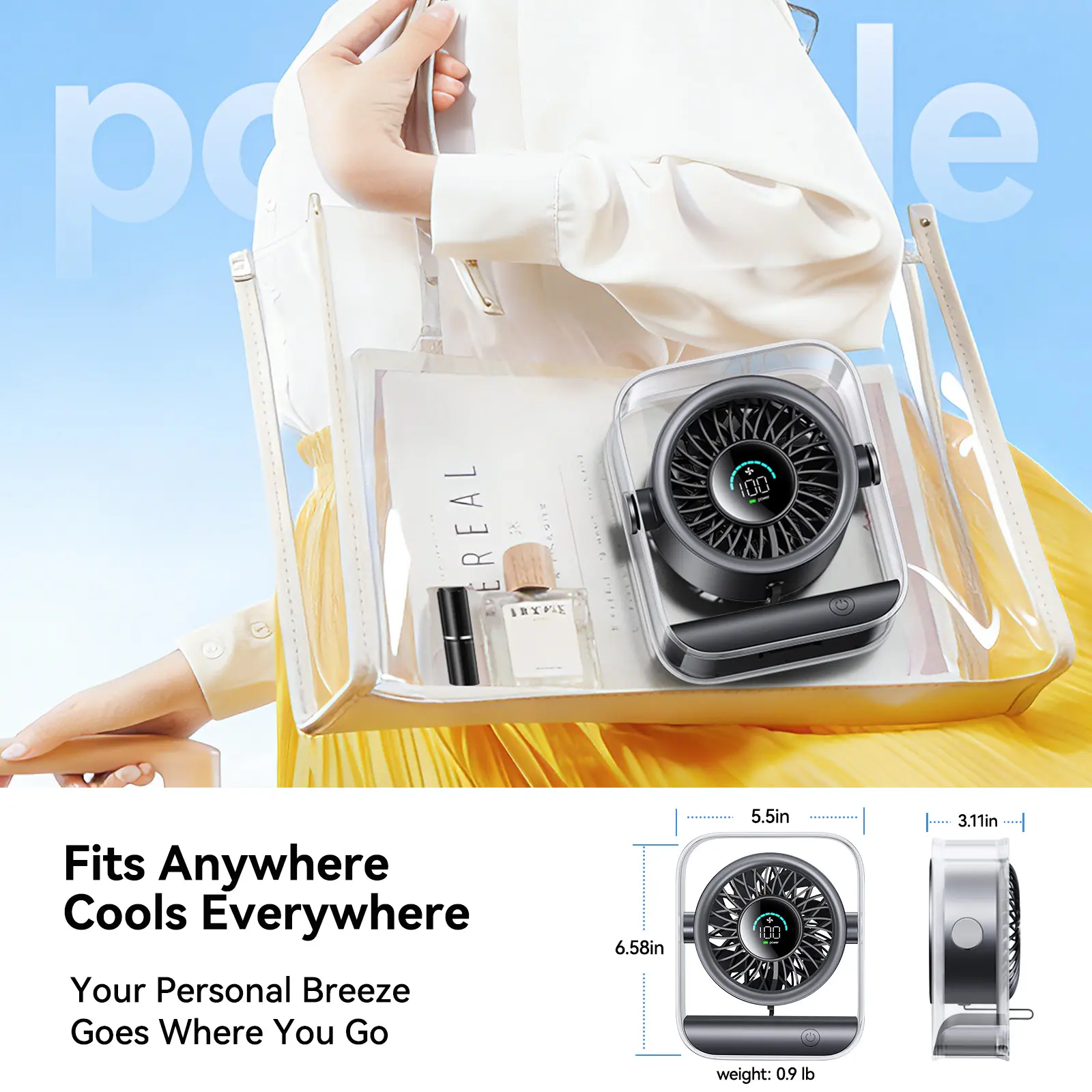KIMMOO Rechargeable USB Desk Fan with 100 Speeds and Remote Control