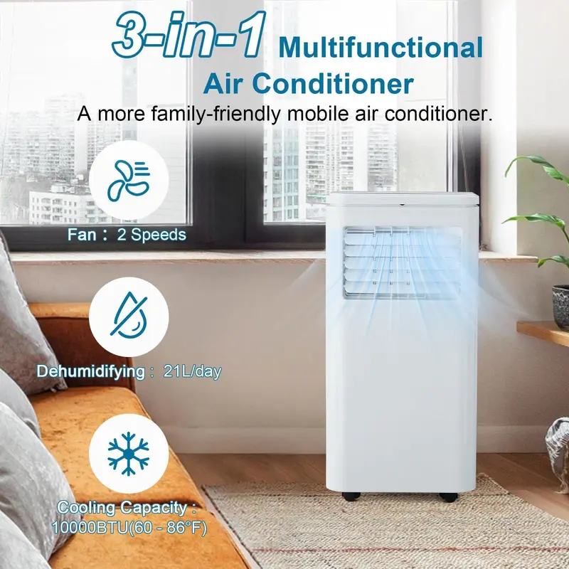 10000 BTU Portable Air Conditioner for Bedroom (Cools 450 Sq ft), 3-in-1 Room AC Unit with 4-Way Swing & Dehumidifier, Secure Window Kit Included, Quiet 55dB Sleep Mode, Easy Mobility