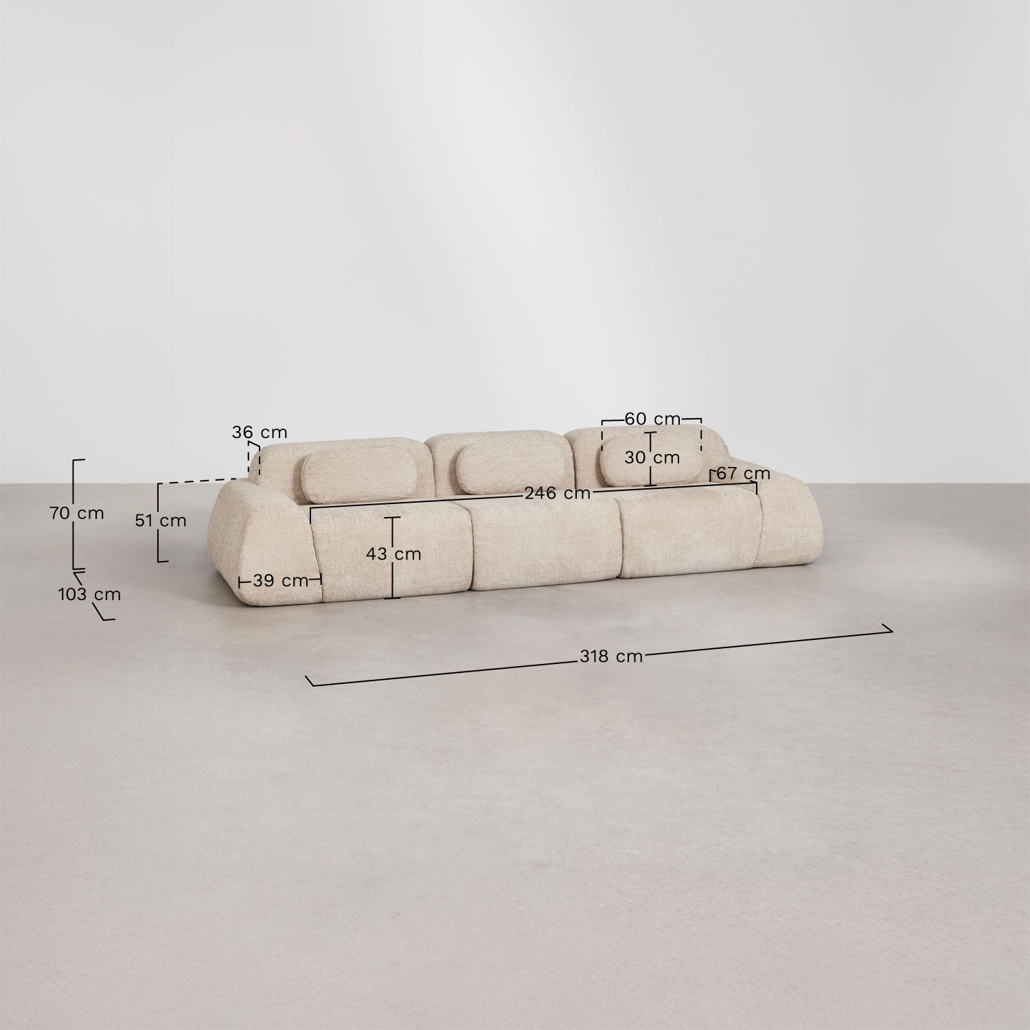 Merida 3-piece modular sofa in vacuum-packed chenille, dimensions