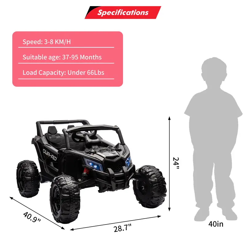 Kids' 24V Remote Control Ride-On UTV Car - Black, 200W Motors, LED Lights, USB Music, Spring Suspension, Metal Frame, Steering Wheel, EVA, 66 lbs, ASTM F963 Certified, Supports Children Development